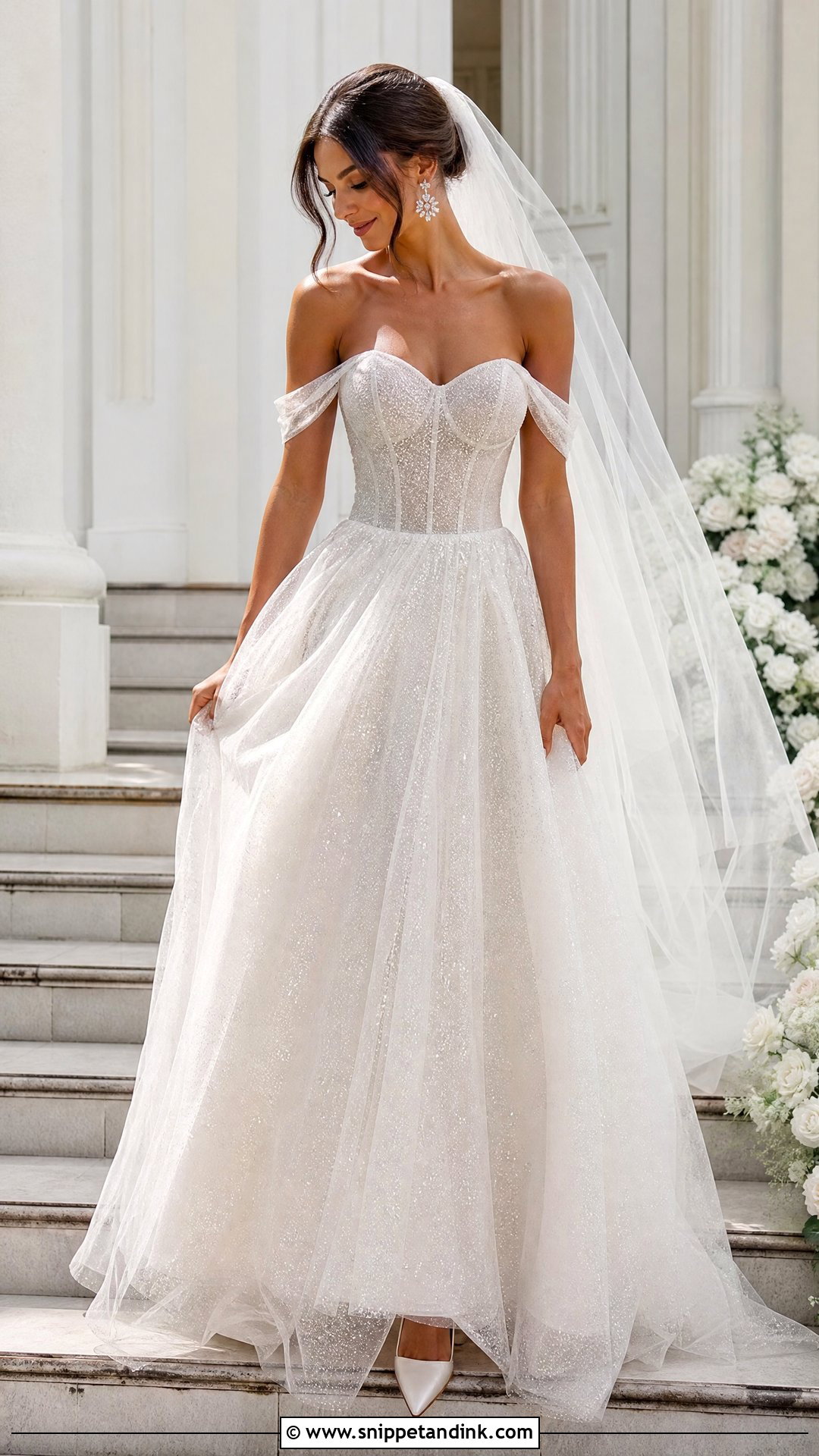 Shimmer Off Shoulder Wedding Dress - Snippet and Ink - 20 Shimmer Wedding Dress Ideas