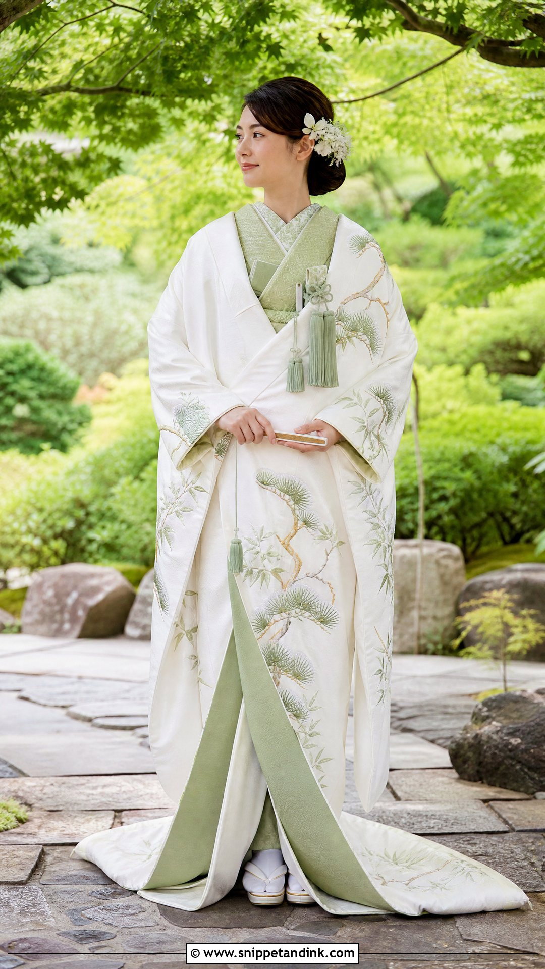 Shiromuku With Green Kakeshita - Snippet and Ink - 20 Shiromuku Wedding Kimono Ideas