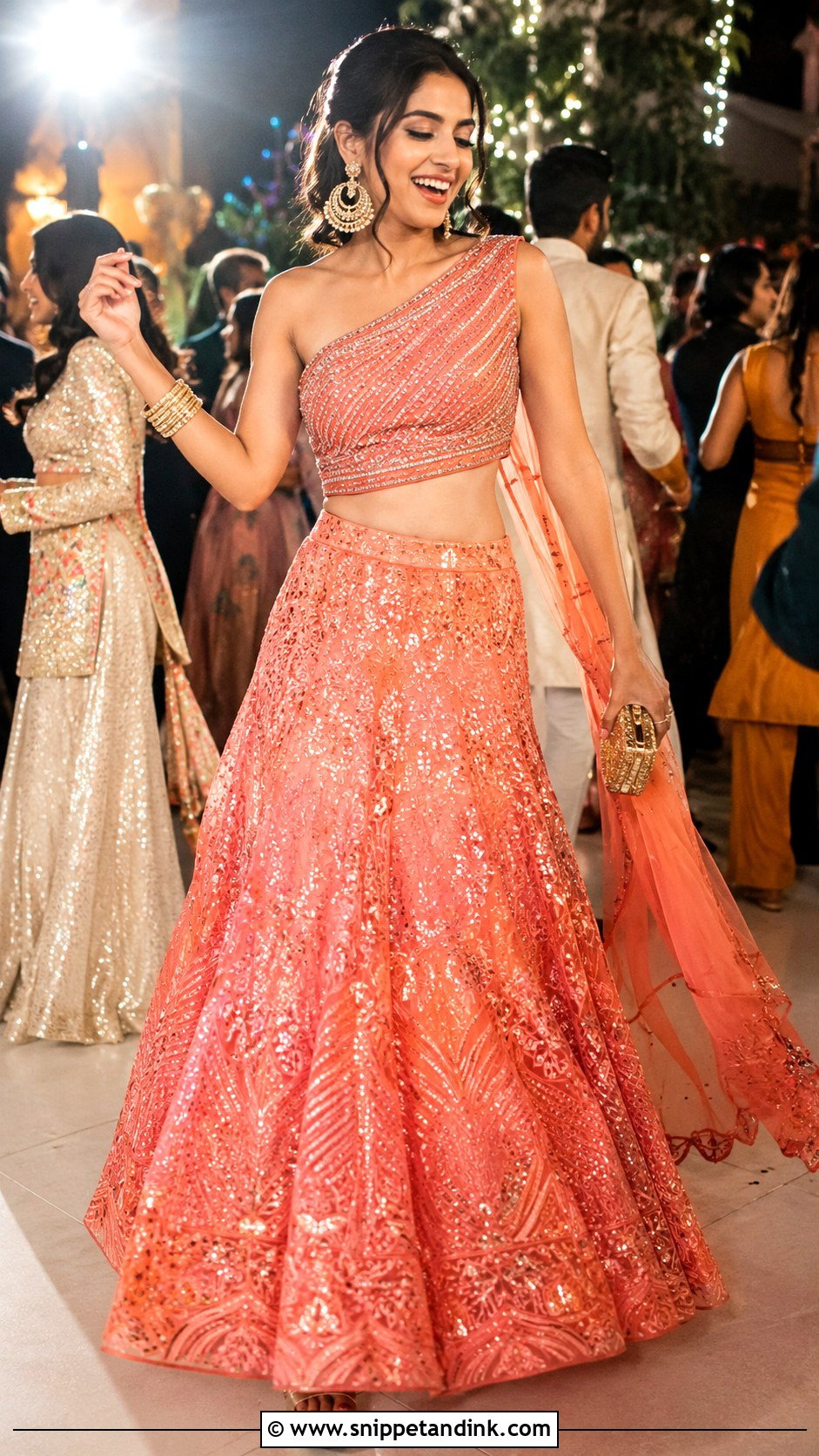 Shloka Ambani Coral One Shoulder Lehenga - Snippet and Ink - 20 Anant Ambani Wedding Outfits