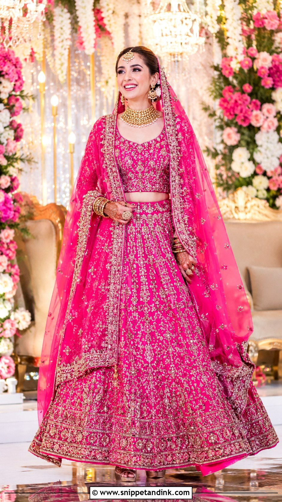 Shocking Pink Bridal Lehenga With Gold Jewelry - Snippet and Ink - 25 Pakistani Shocking Pink Dress Ideas