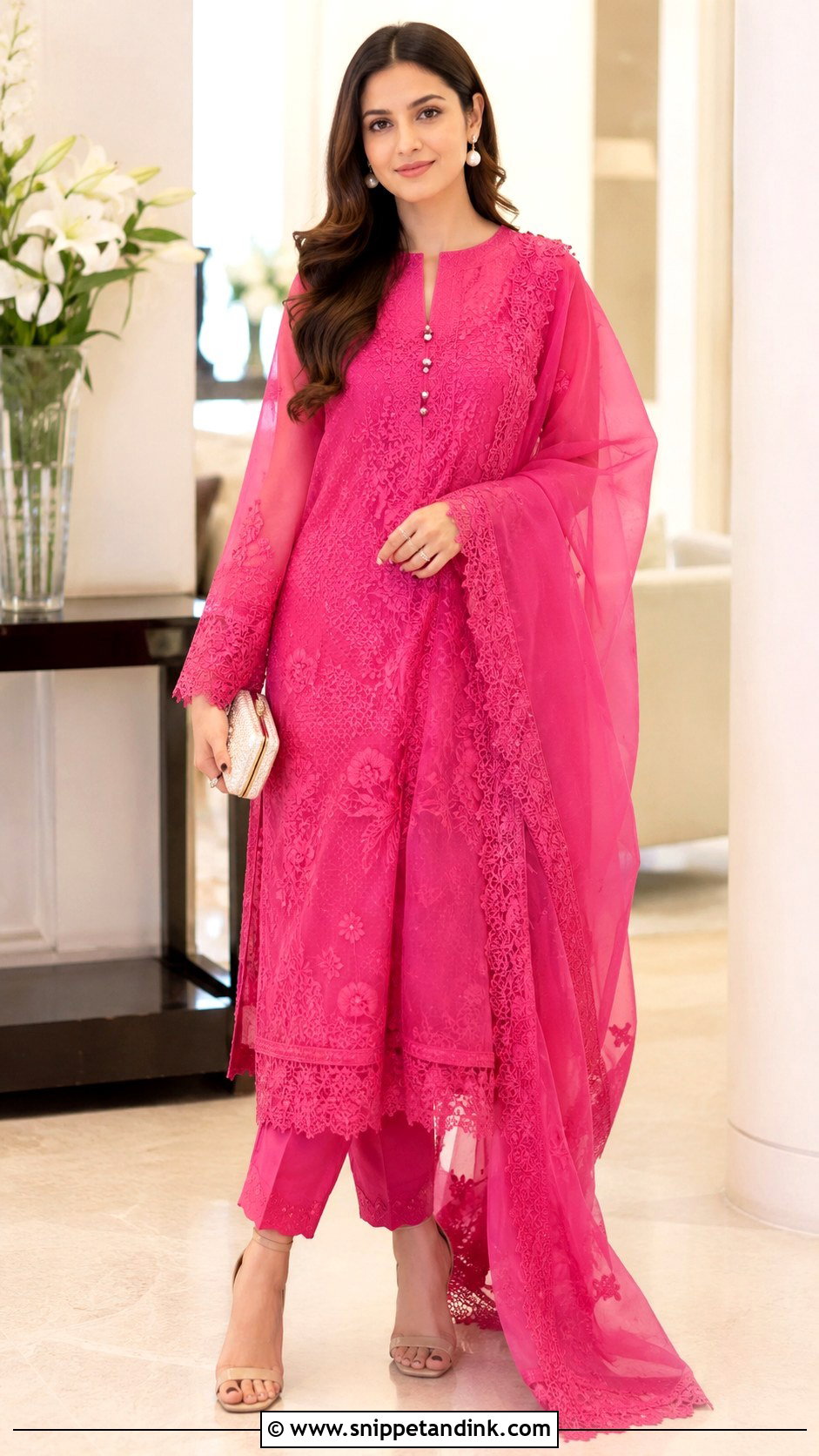 Shocking Pink Chiffon Dress With Lace Dupatta - Snippet and Ink - 25 Pakistani Shocking Pink Dress Ideas