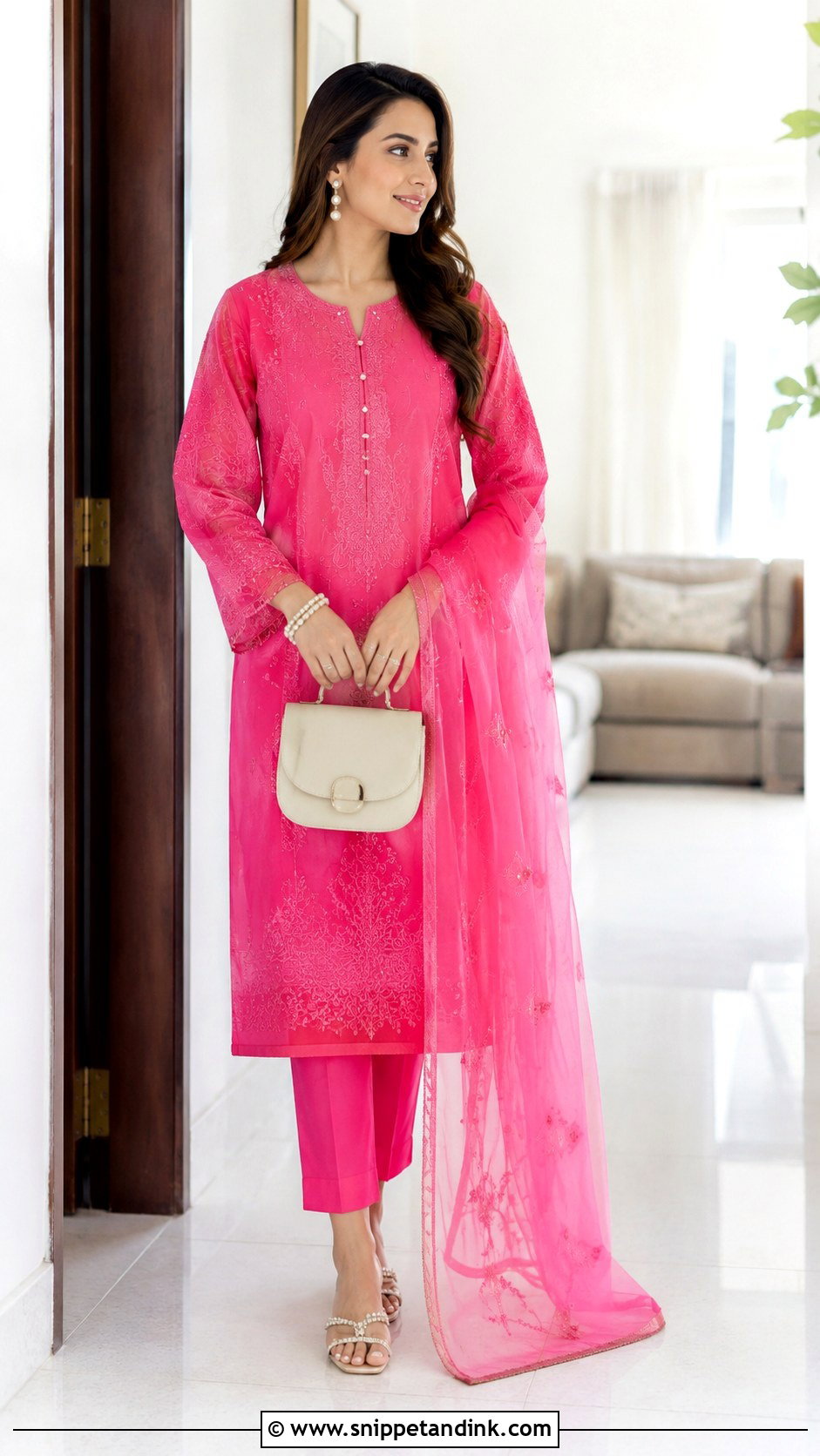 Shocking Pink Eid Dress With Pearl Accessories - Snippet and Ink - 25 Pakistani Shocking Pink Dress Ideas