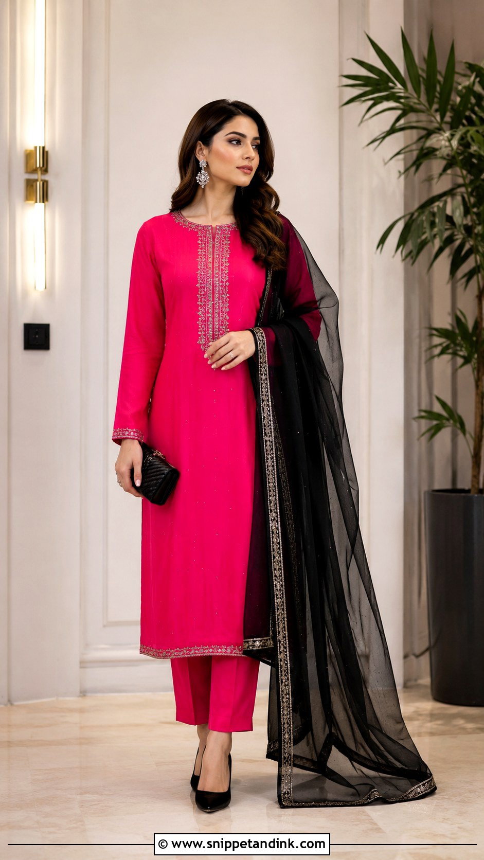 Shocking Pink Formal Dress With Black Dupatta - Snippet and Ink - 25 Pakistani Shocking Pink Dress Ideas