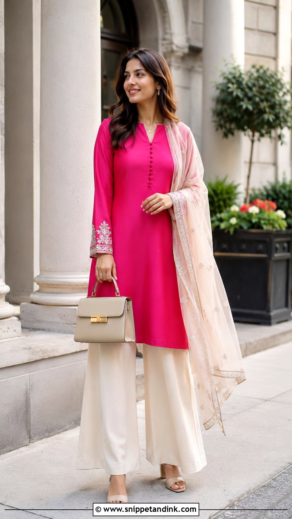 Shocking Pink Fusion Dress With Wide Leg Pants - Snippet and Ink - 25 Pakistani Shocking Pink Dress Ideas