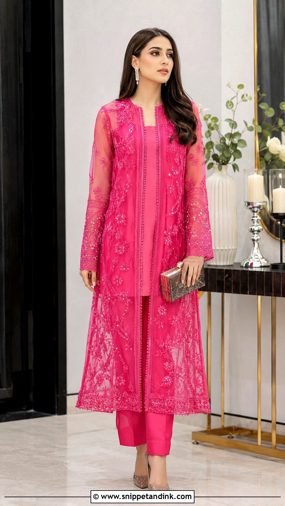 Shocking Pink Jacket Dress With Straight Pants - Snippet and Ink - 25 Pakistani Shocking Pink Dress Ideas
