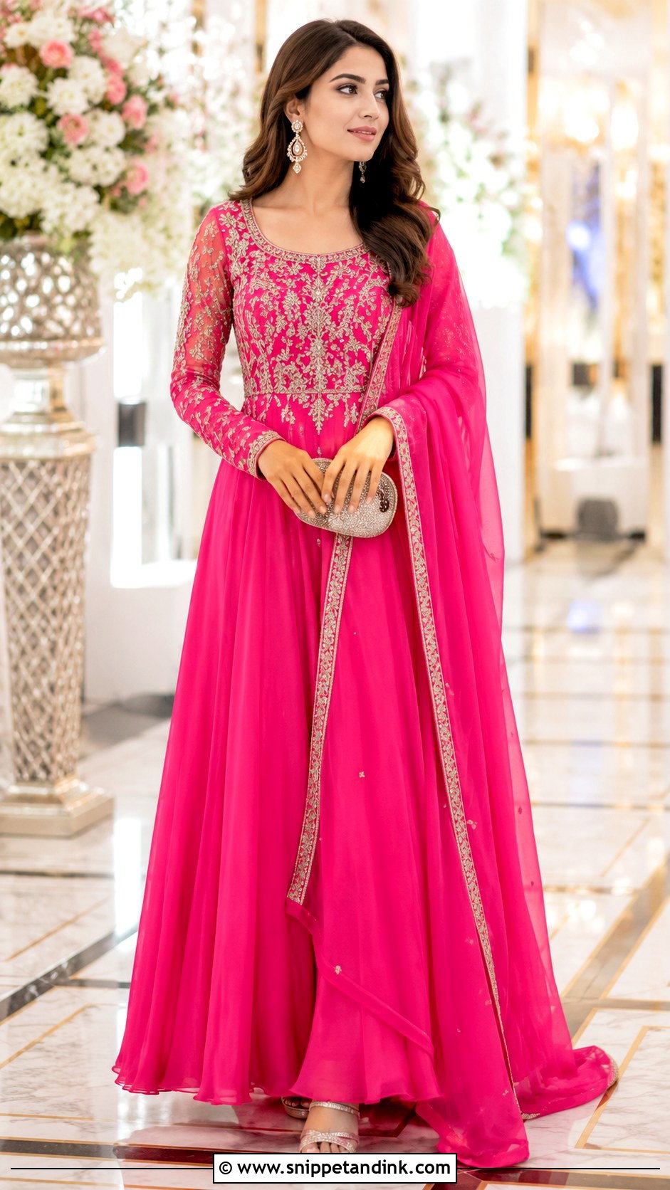 Shocking Pink Maxi Dress With Embroidered Bodice - Snippet and Ink - 25 Pakistani Shocking Pink Dress Ideas