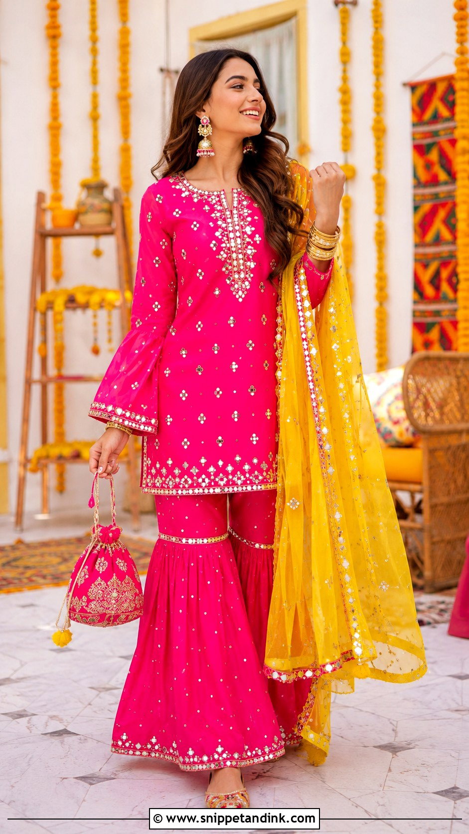 Shocking Pink Mehndi Dress With Yellow Dupatta - Snippet and Ink - 25 Pakistani Shocking Pink Dress Ideas