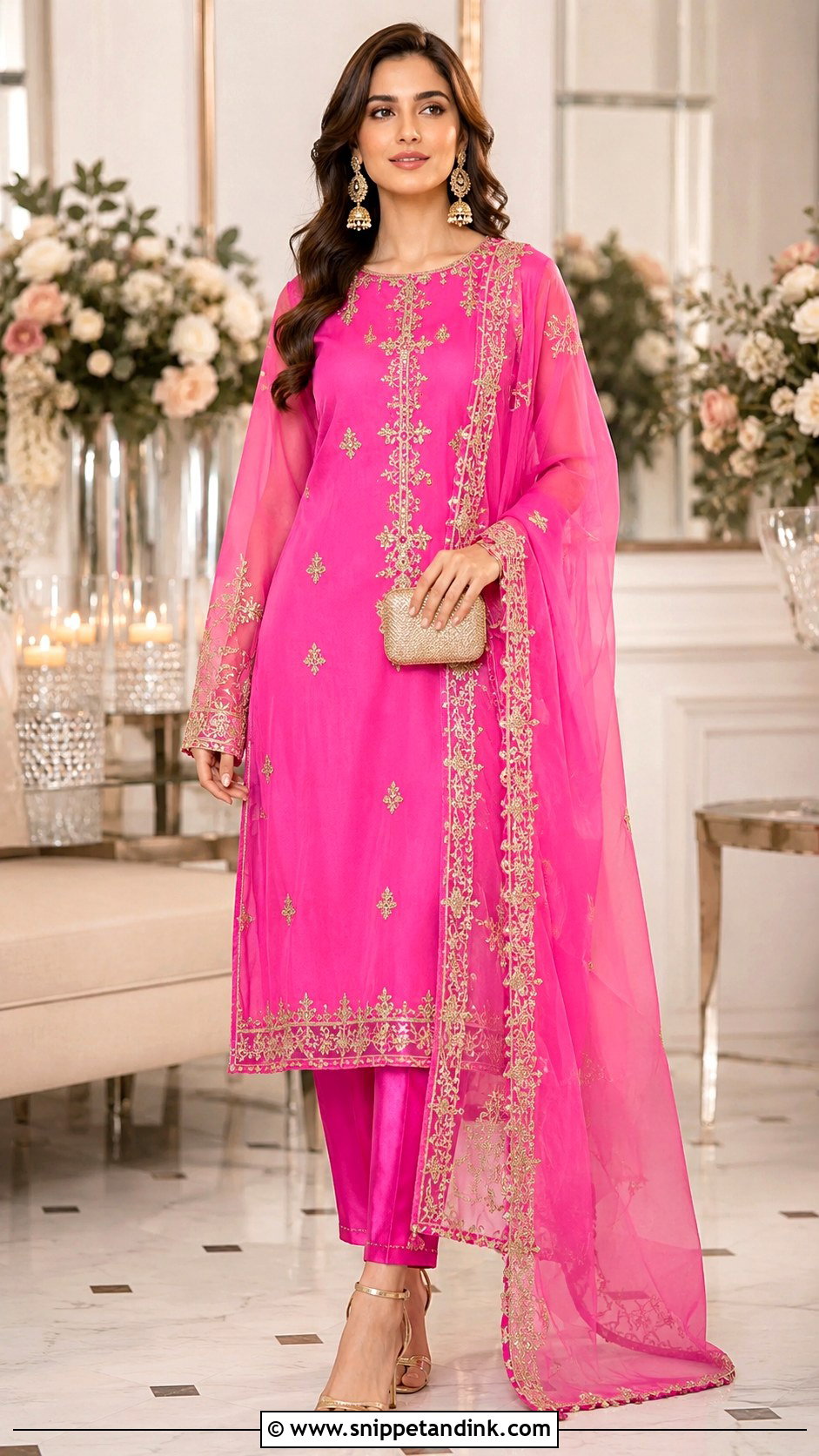 Shocking Pink Organza Suit With Gold Embroidery - Snippet and Ink - 25 Pakistani Shocking Pink Dress Ideas