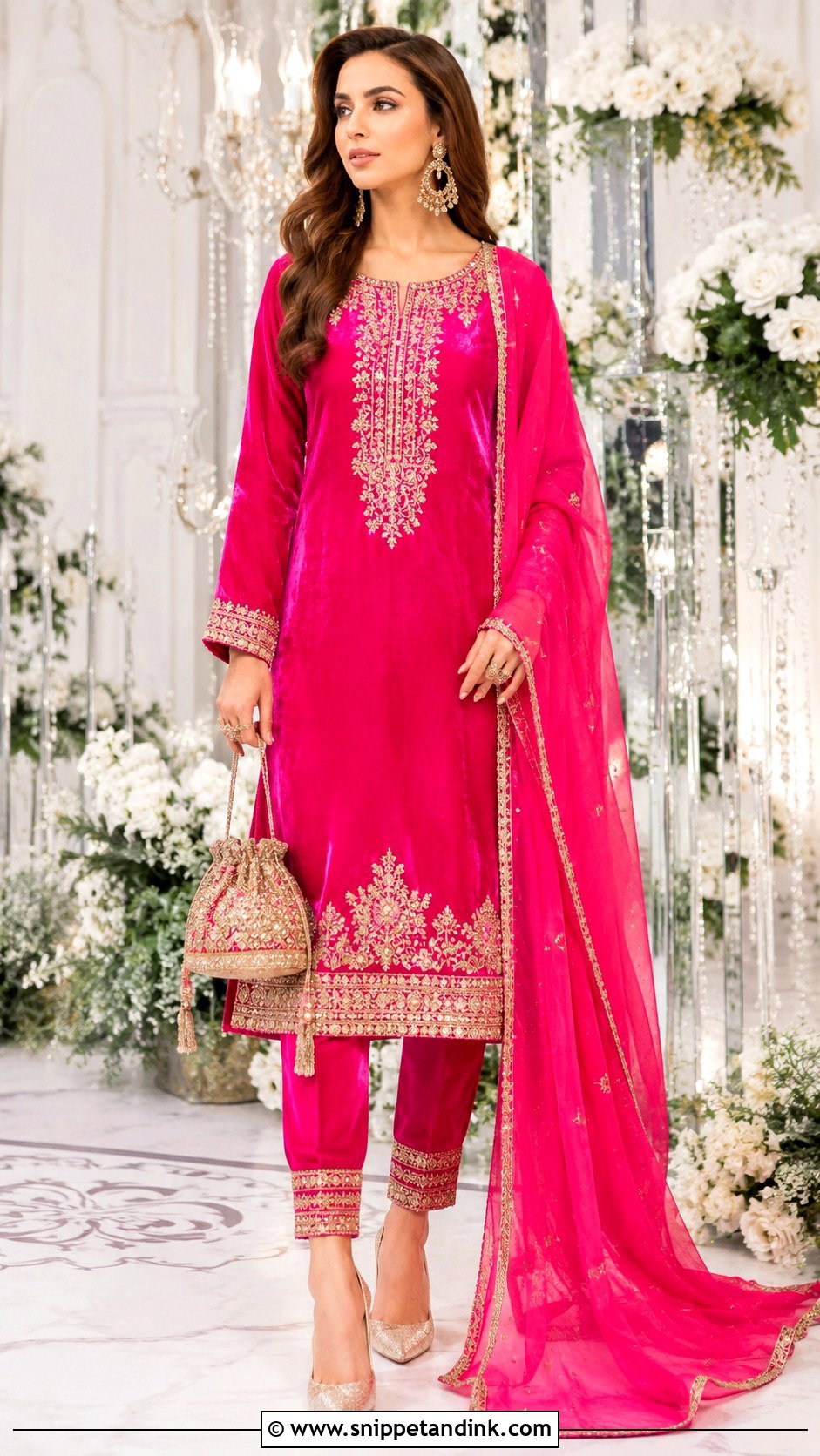 Shocking Pink Velvet Kameez With Cigarette Pants - Snippet and Ink - 25 Pakistani Shocking Pink Dress Ideas