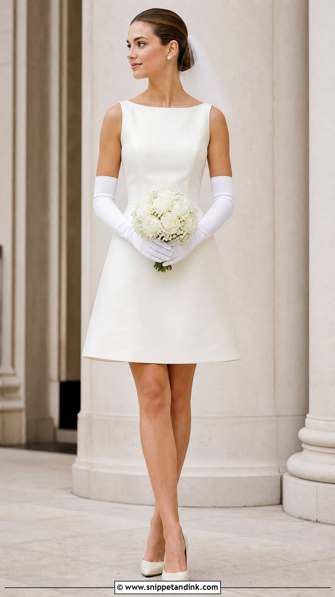 Short 60s Sleeveless Wedding Dress With Gloves - Snippet and Ink - 20 Short 60s Wedding Dress Ideas