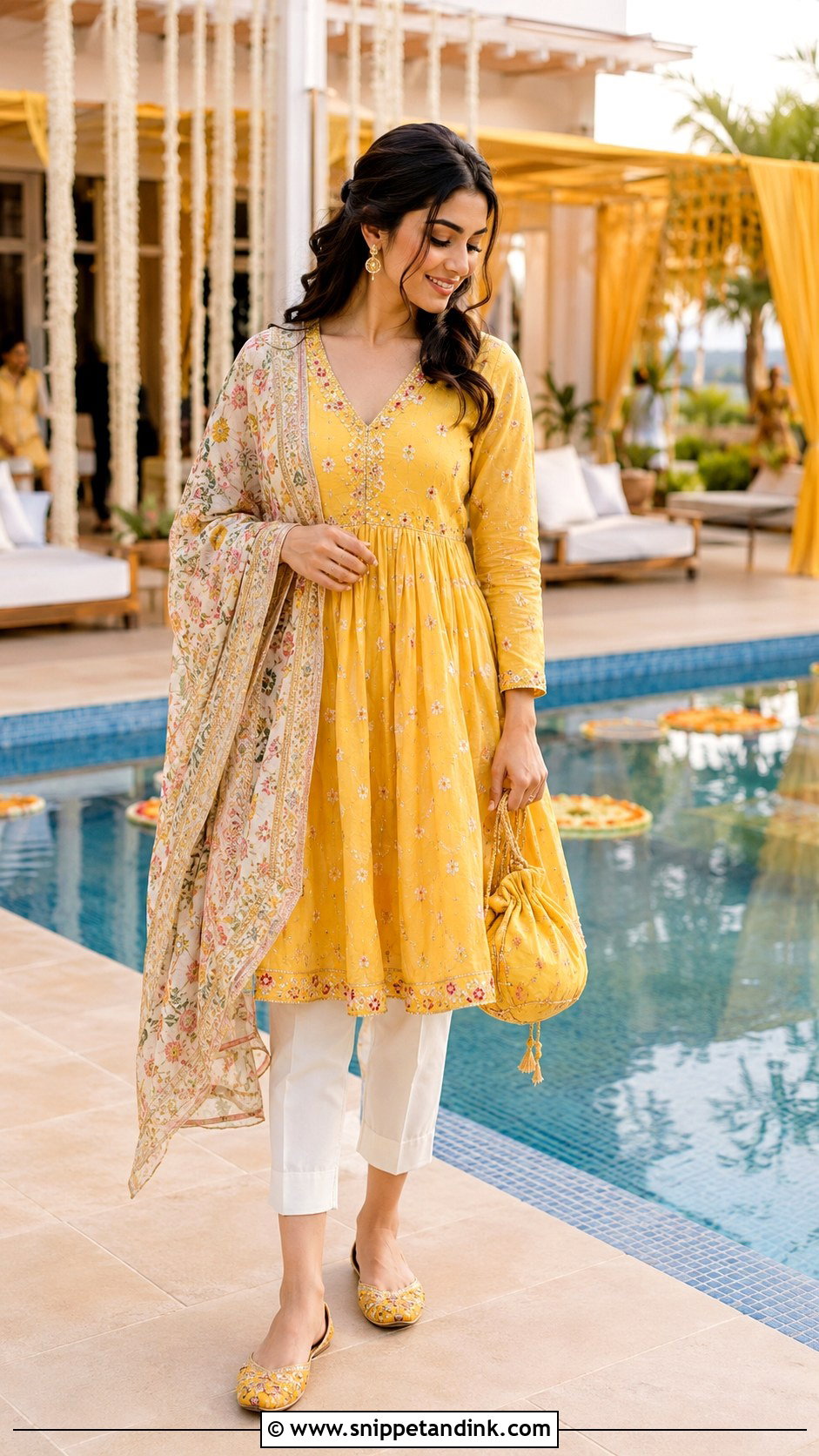Short Anarkali And Cigarette Pants Haldi Pool Party Outfit - Snippet and Ink - 20 Haldi Pool Party Outfit Ideas