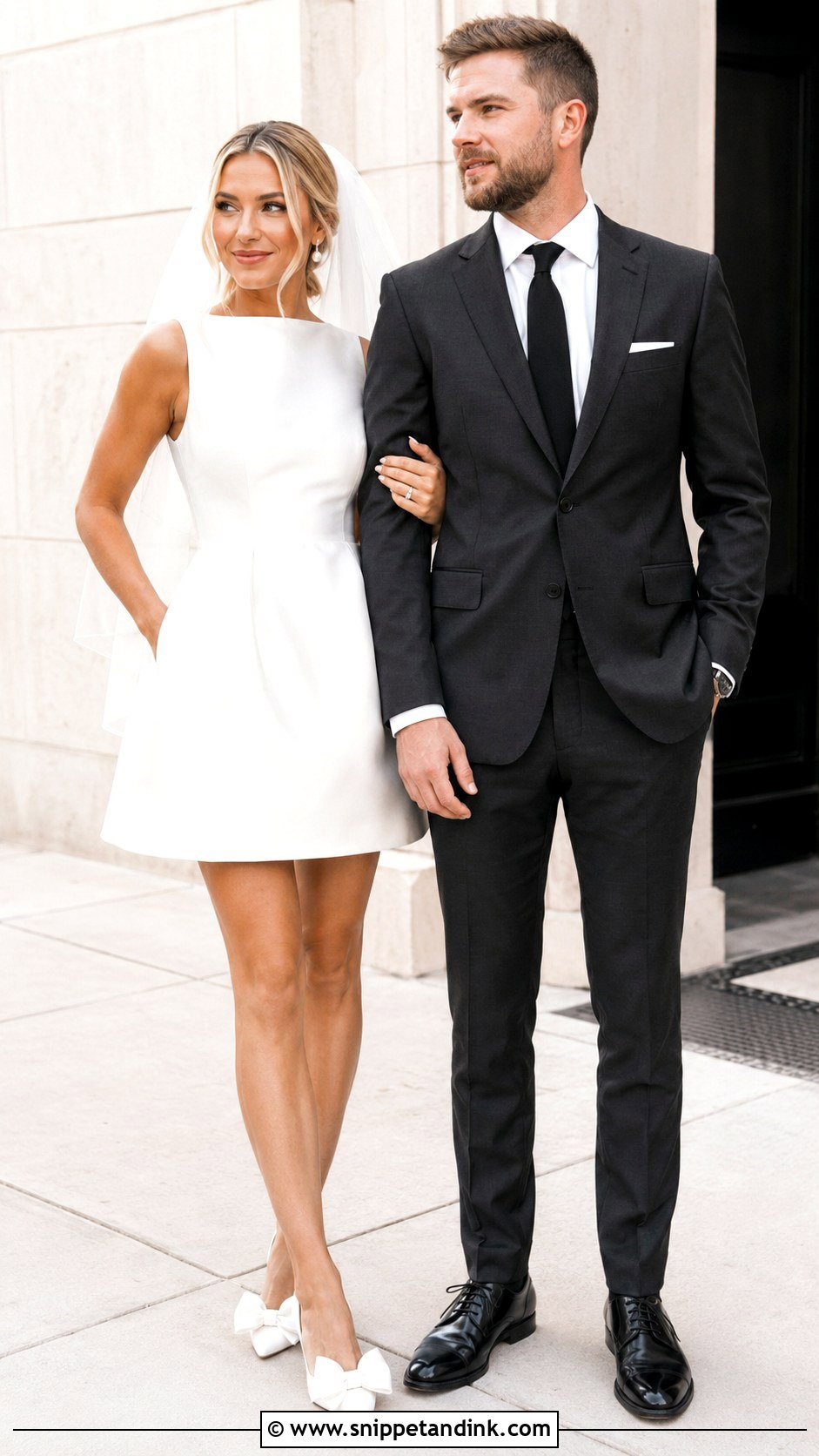 Short Bridal Dress And Charcoal Suit Wedding Couple Outfit - Snippet and Ink - 25 Wedding Couple Outfits