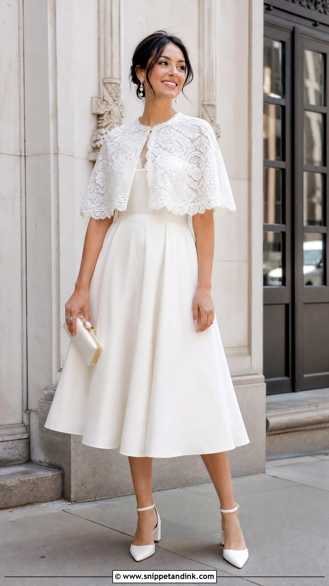 Short Bride Cape With Tea Length Wedding Dress - Snippet and Ink - 25 Bride Cape Ideas