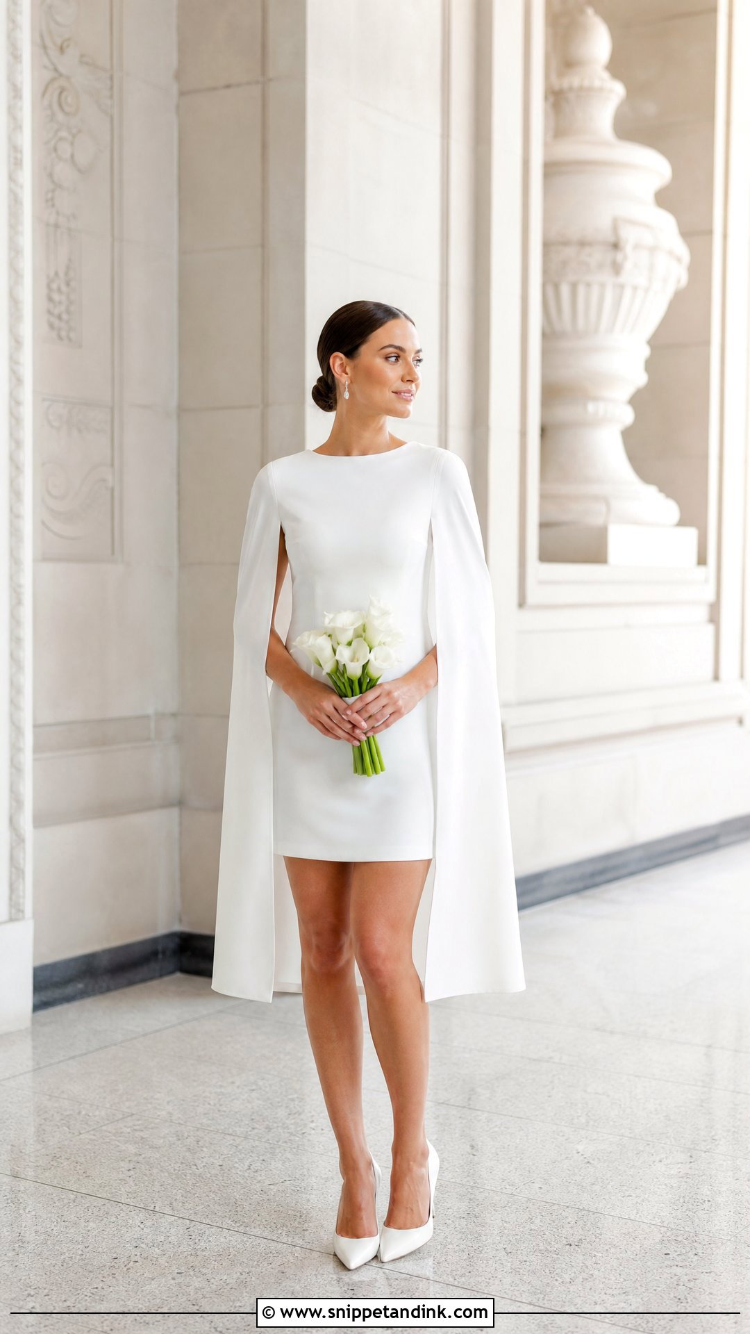 Short Cape Bride Dress With White Pumps - Snippet and Ink - 25 Short Bride Dress Ideas