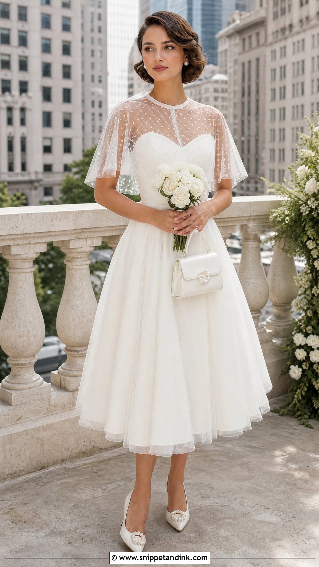 Short Capelet With Tea Length Wedding Dress - Snippet and Ink - 20 Wedding Dress Capelet Ideas