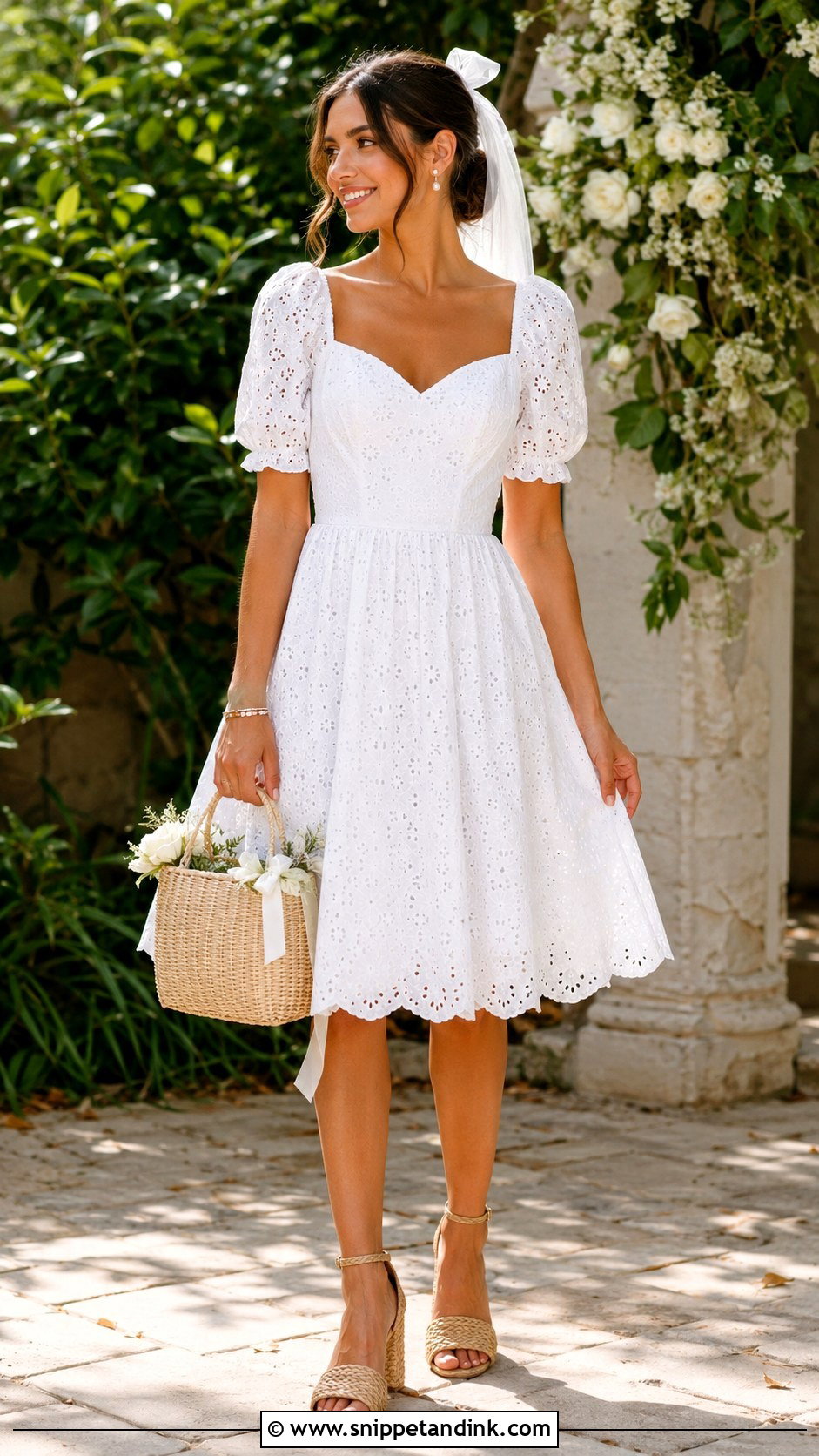 Short Eyelet Wedding Dress With Woven Accessories - Snippet and Ink - 25 Short Vintage Wedding Dress Ideas