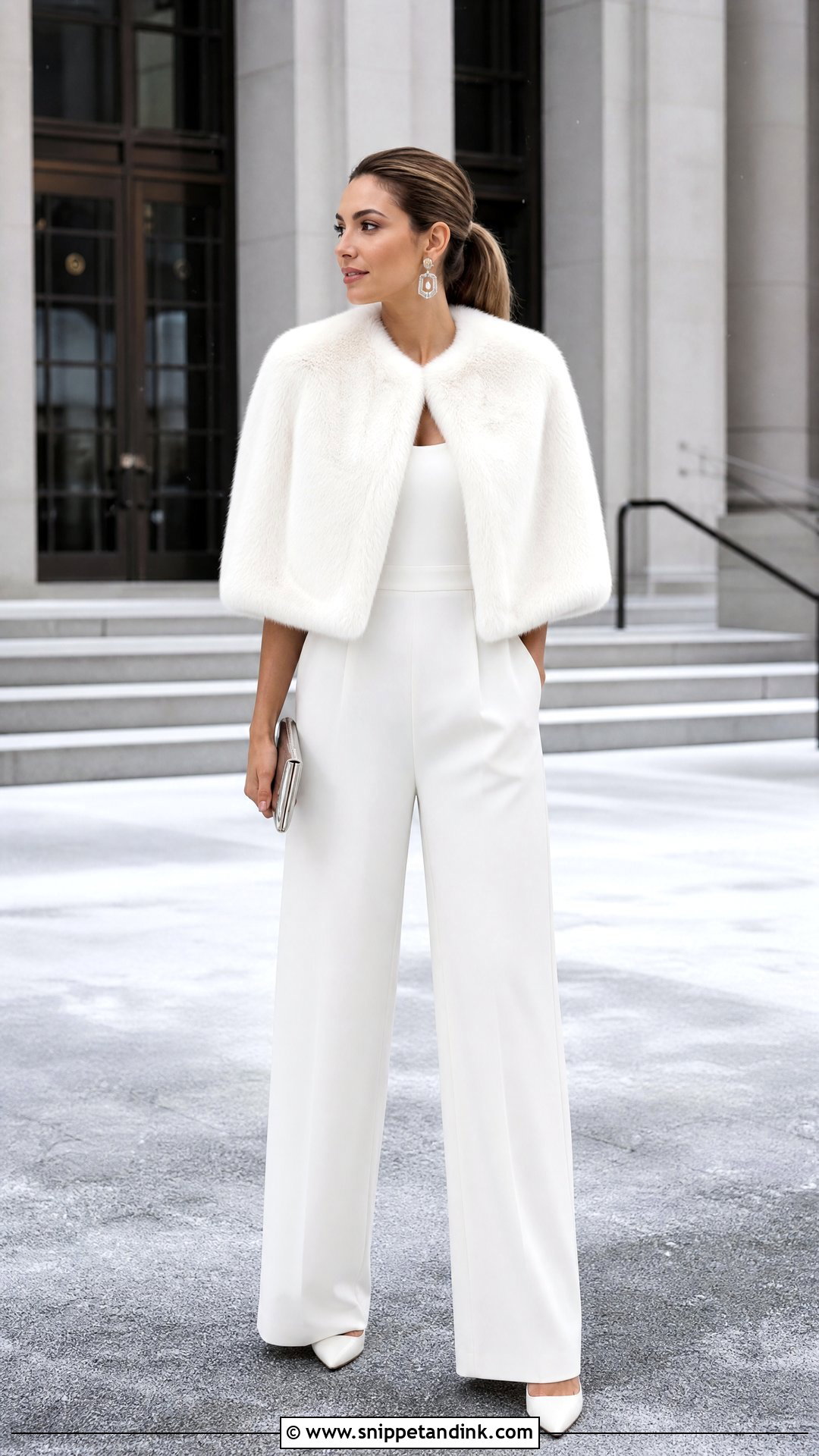 Short Faux Fur Bridal Cape With Wedding Jumpsuit - Snippet and Ink - 20 Winter Bridal Cape Ideas