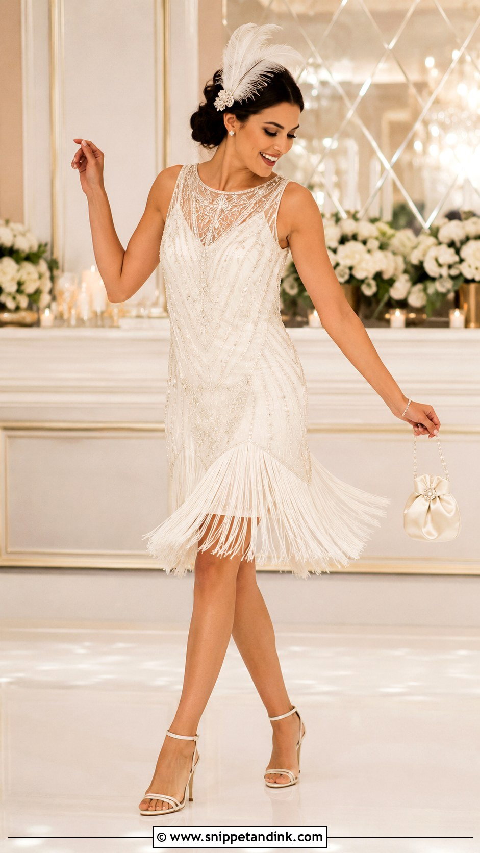 Short Flapper Wedding Dress With Feather Headpiece - Snippet and Ink - 20 Flapper Wedding Dress Ideas