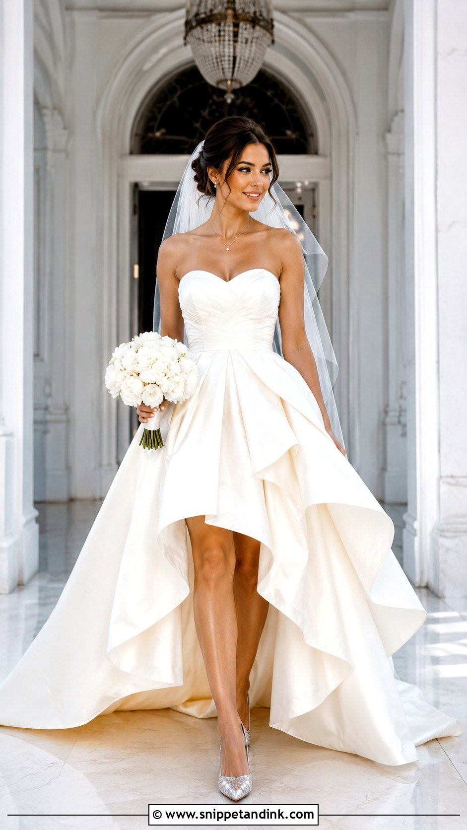Short Front Long Back Wedding Dress With Crystal Shoes - Snippet and Ink - 25 High Low Wedding Dress Ideas
