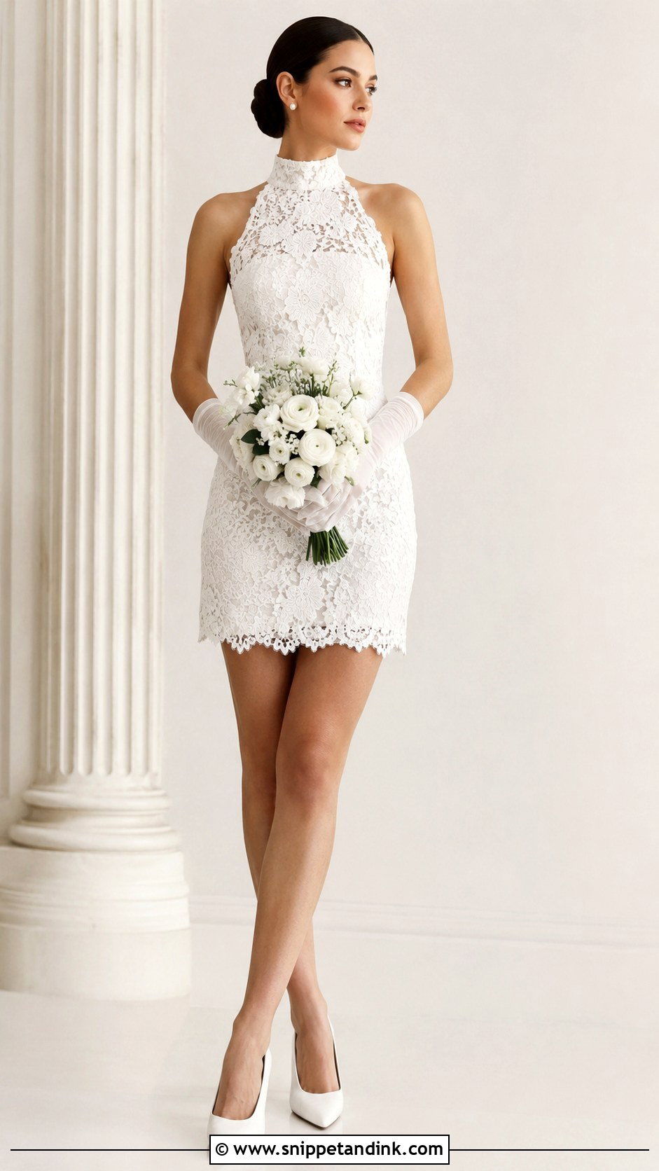 Short High Neck Wedding Dress With Gloves - Snippet and Ink - 25 Short Vintage Wedding Dress Ideas