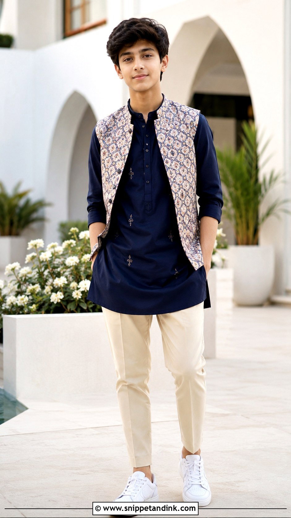 Short Kurta With Tailored Pants And Sneakers - Snippet and Ink - 20 Kurta for Boys Wedding Ideas