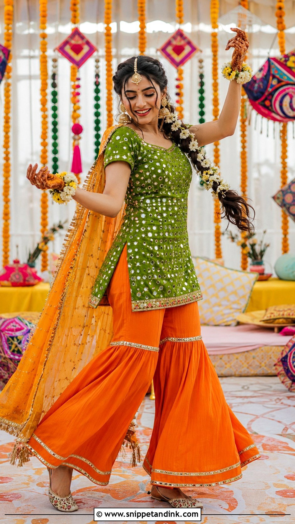 Short Kurti And Flared Pants Mehandi Night Dress - Snippet and Ink - 20 Mehandi Night Dress for Bride Ideas
