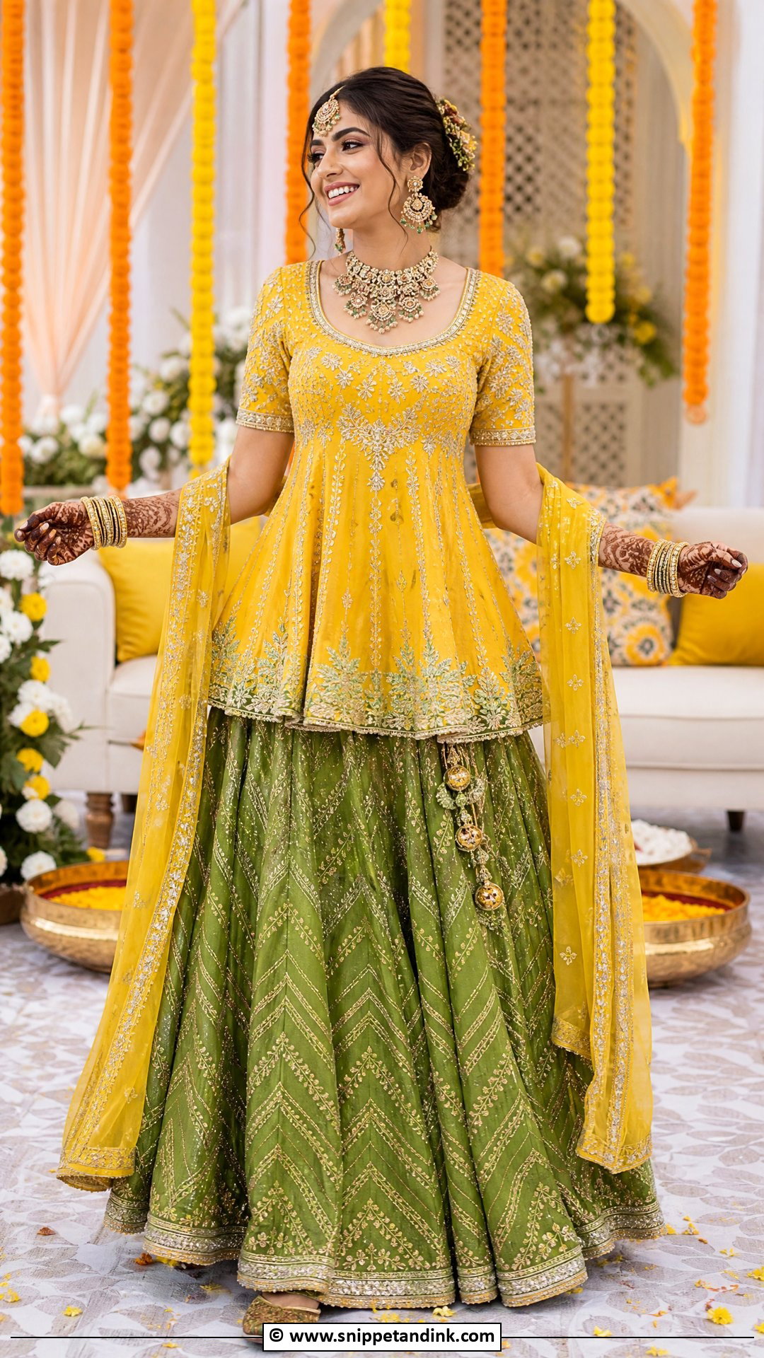 Short Kurti And Lehenga Bridal Mehndi Outfit - Snippet and Ink - 35 Bridal Mehndi Outfit Ideas