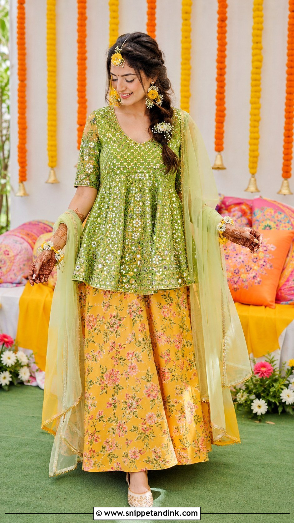Short Kurti Lehenga Mehendi Outfit For Bride - Snippet and Ink - 30 Unique Mehendi Outfits for Bride