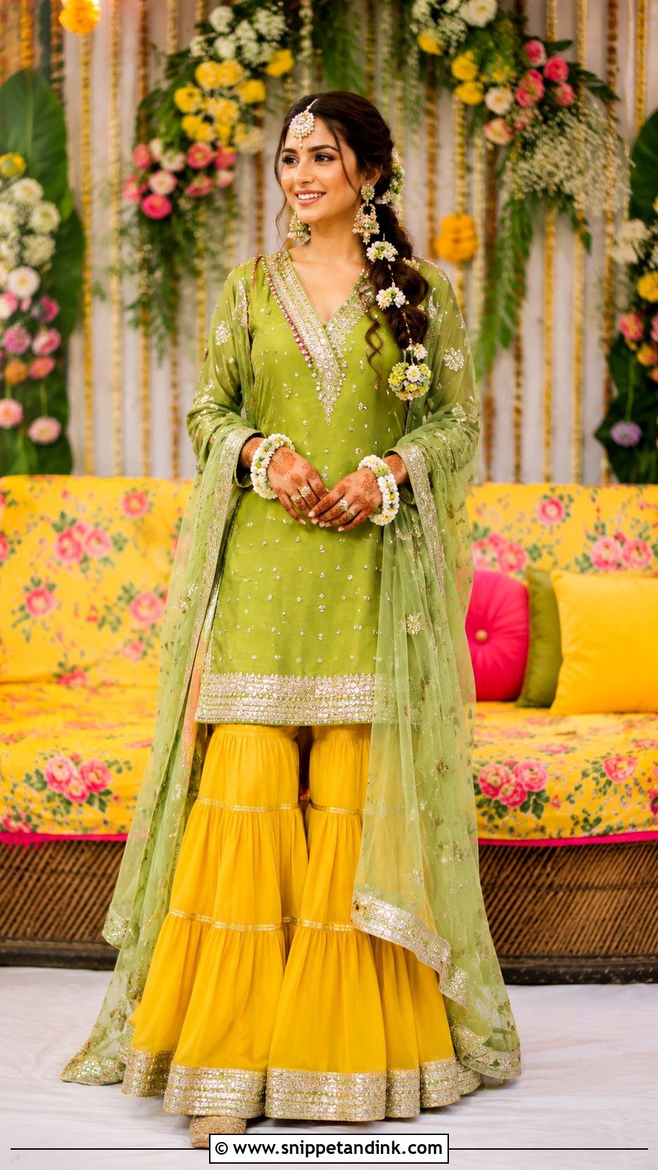 Short Kurti Mehendi Gharara - Snippet and Ink - 25 Mehendi Outfit for Bride Ideas