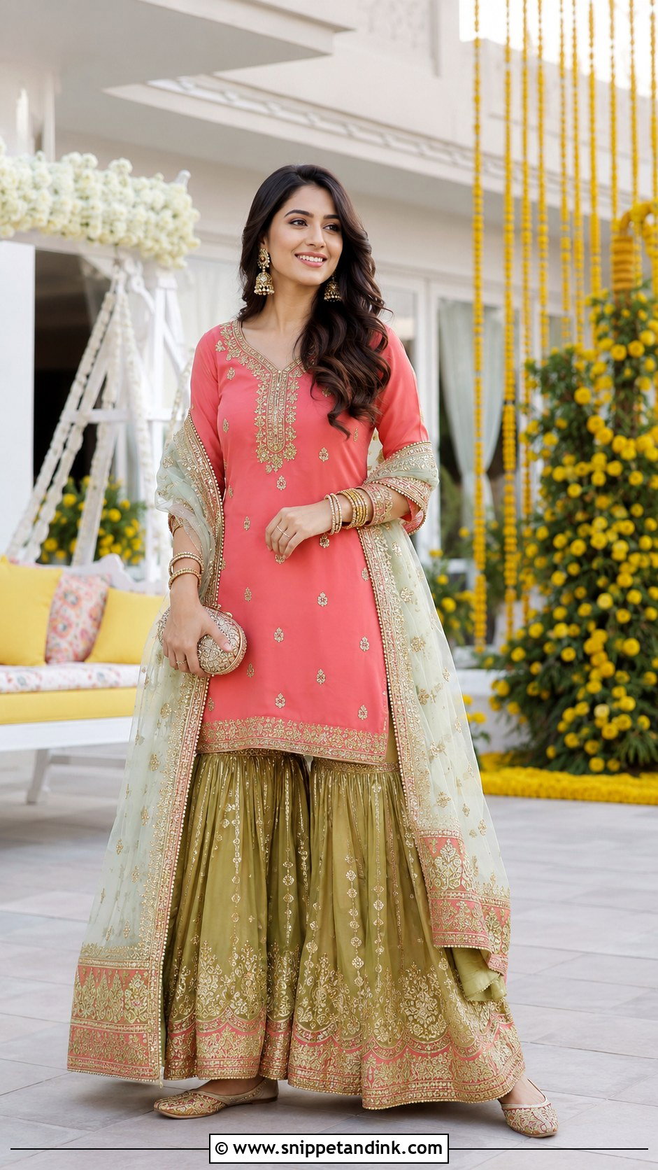 Short Kurti Mehndi Sharara With Heavy Border - Snippet and Ink - 25 Mehndi Sharara Outfit Ideas