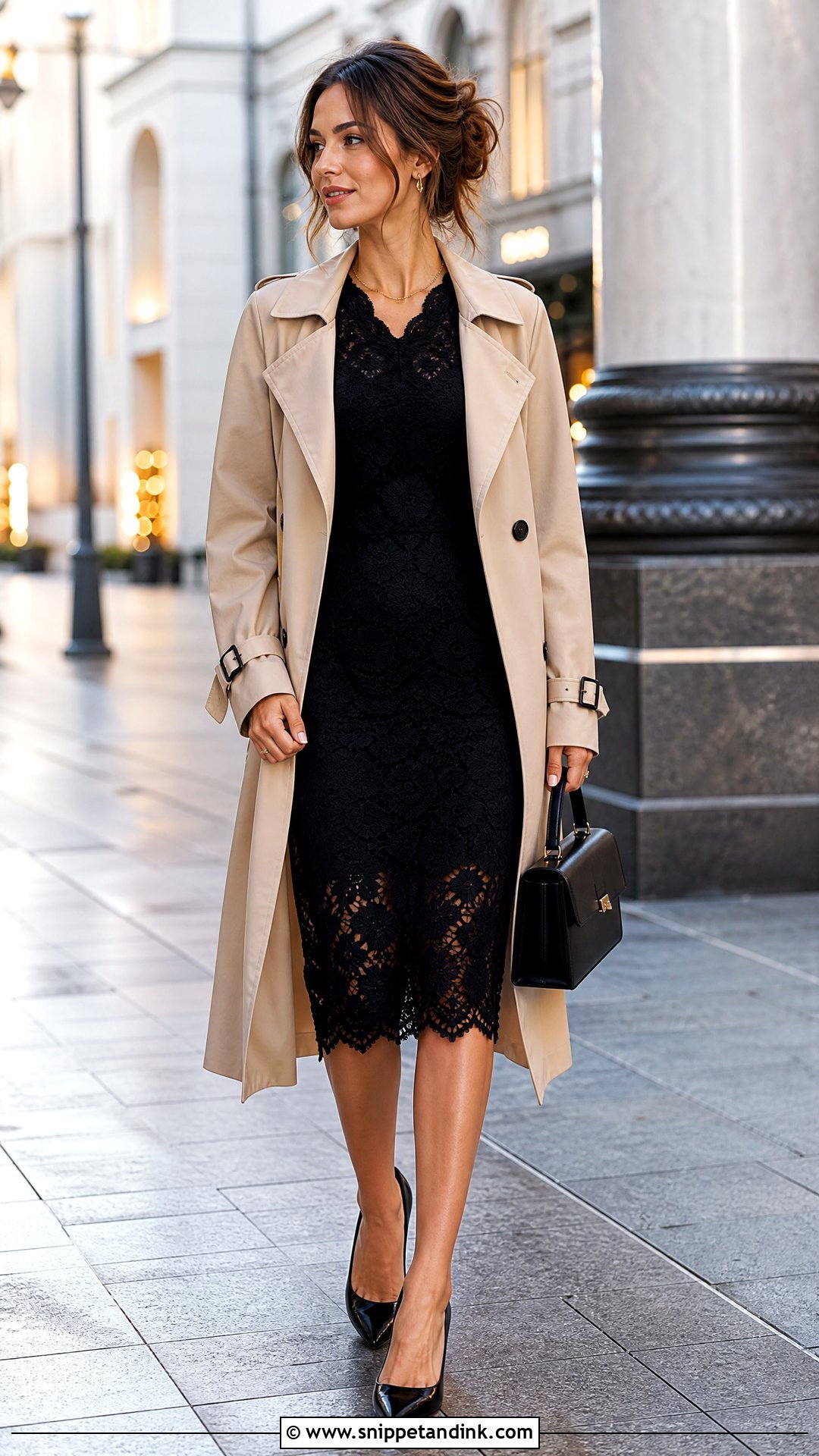 Short Lace Gown With Trench Coat And Pumps - Snippet and Ink - 25 Short Lace Gown Ideas
