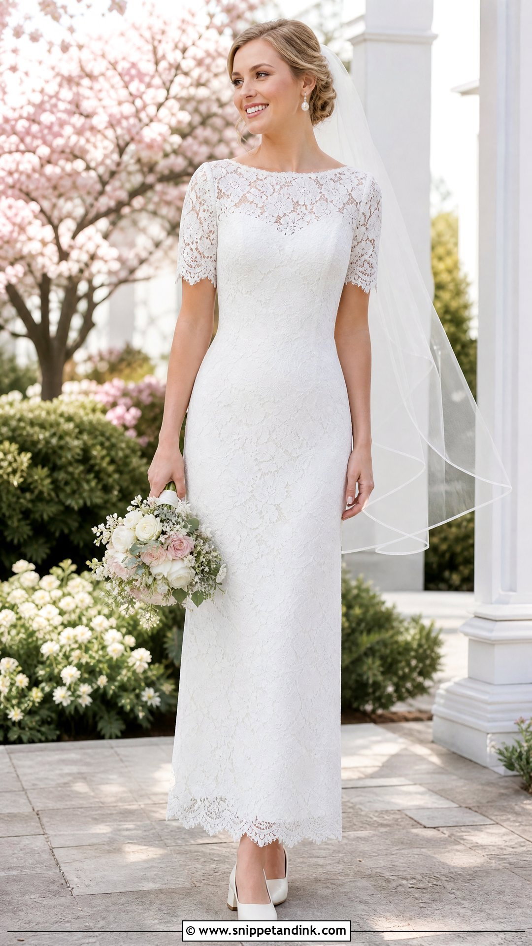 Short Lace Sleeve Sheath Wedding Dress - Snippet and Ink - 20 Sheath Wedding Dress with Sleeves
