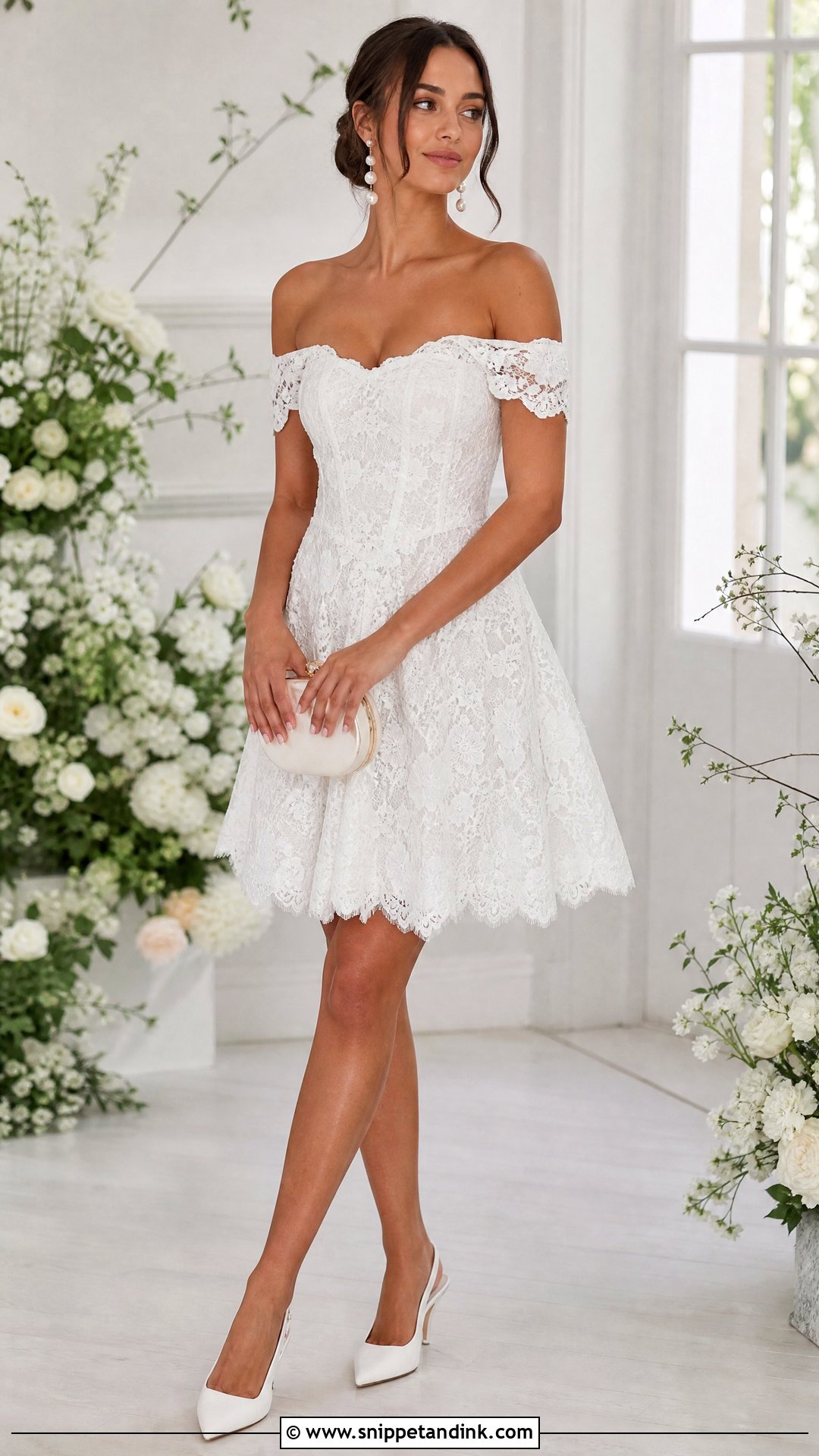 Short Lace Wedding Dress With Off Shoulder Neckline - Snippet and Ink - 25 Short Lace Wedding Dress Ideas