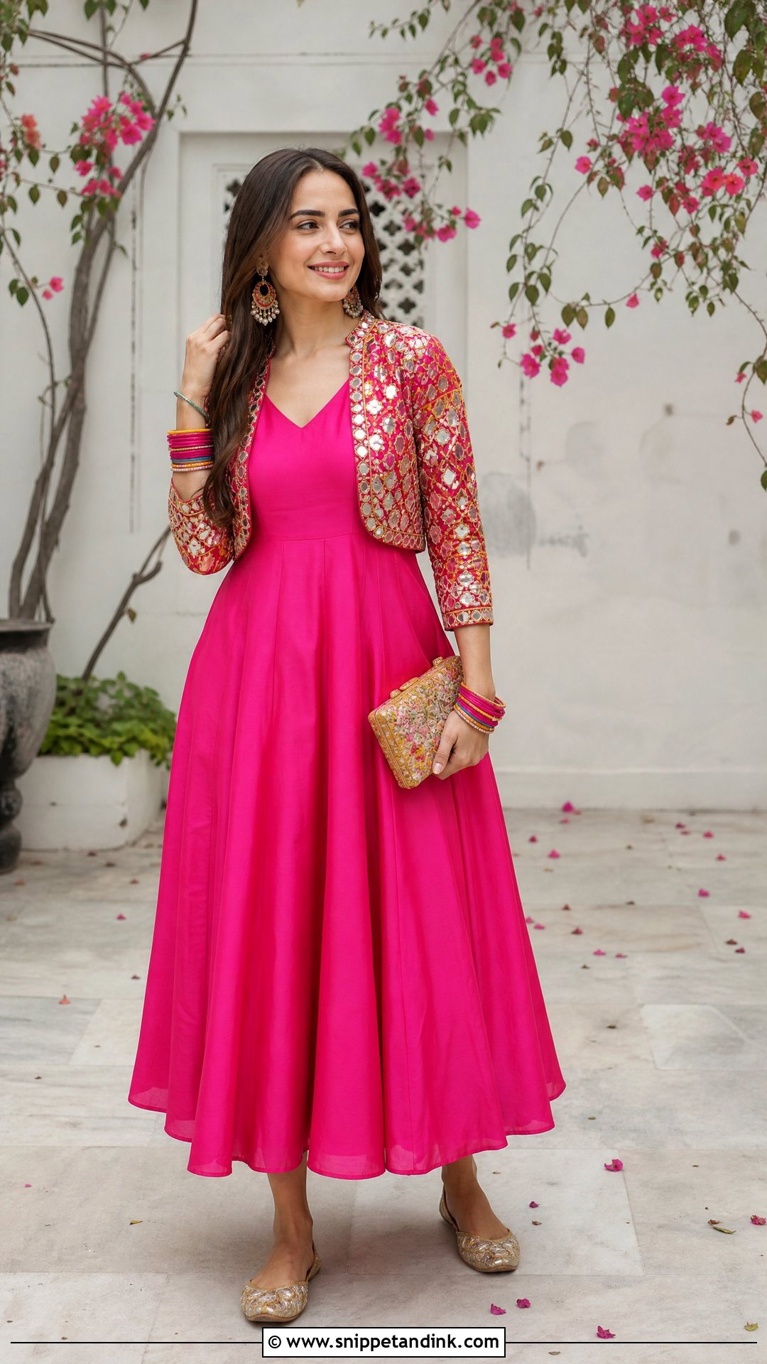 Short Mirror Work Shrug With Flared Midi Dress - Snippet and Ink - 20 Shrugs for Dresses Indian Wedding
