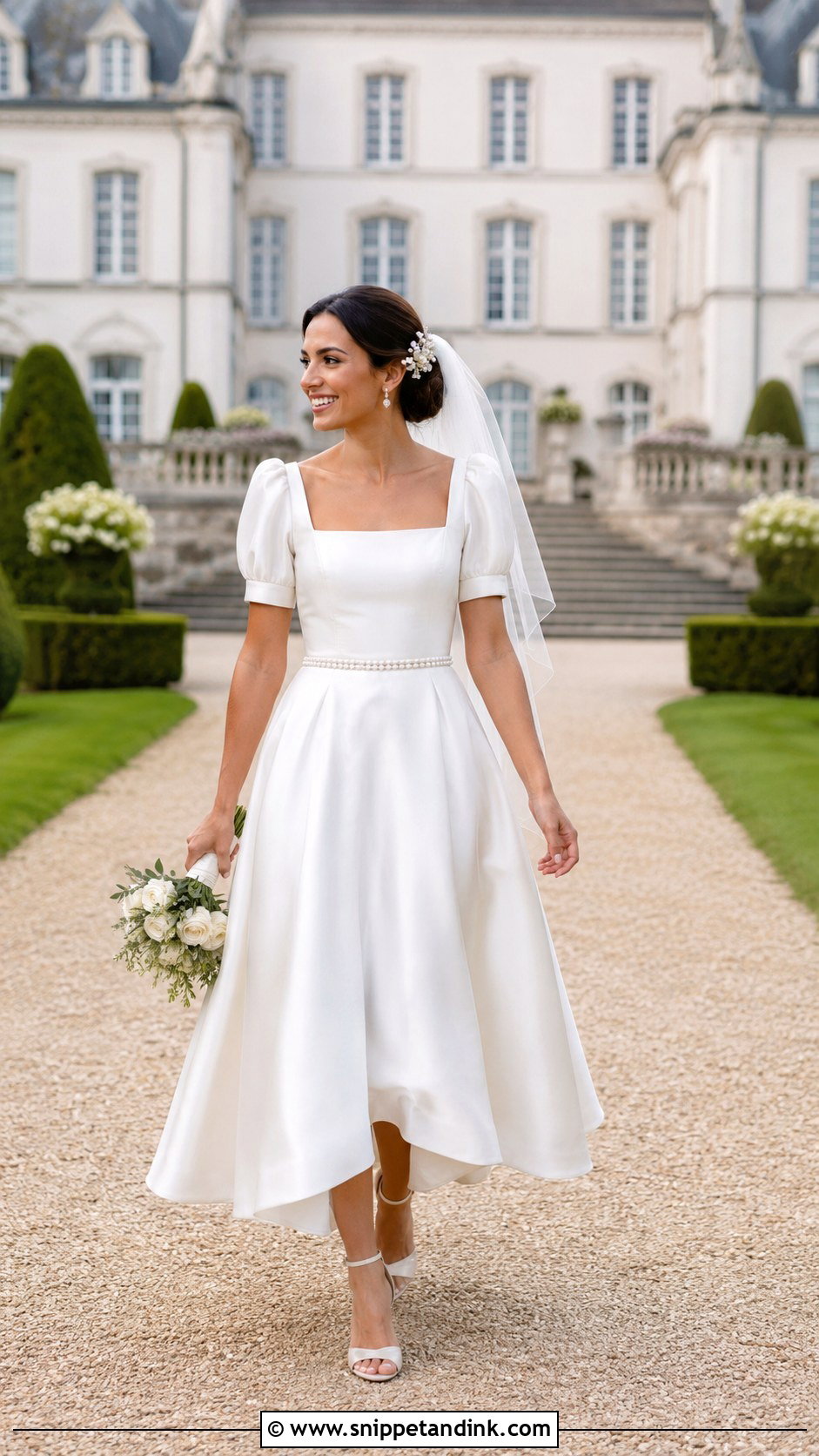Short Puff Sleeve A Line Wedding Dress - Snippet and Ink - 20 Bridgerton Inspired Wedding Dresses