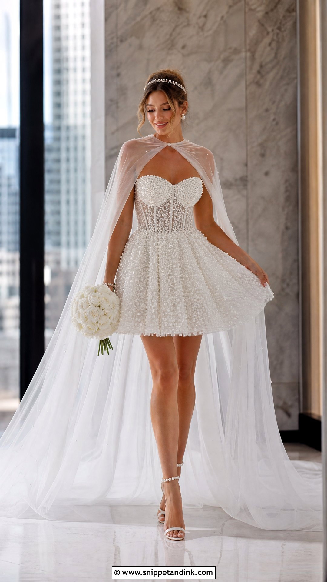 Short Reign Wedding Dress With Tulle Cape - Snippet and Ink - 20 Reign Wedding Dress Ideas