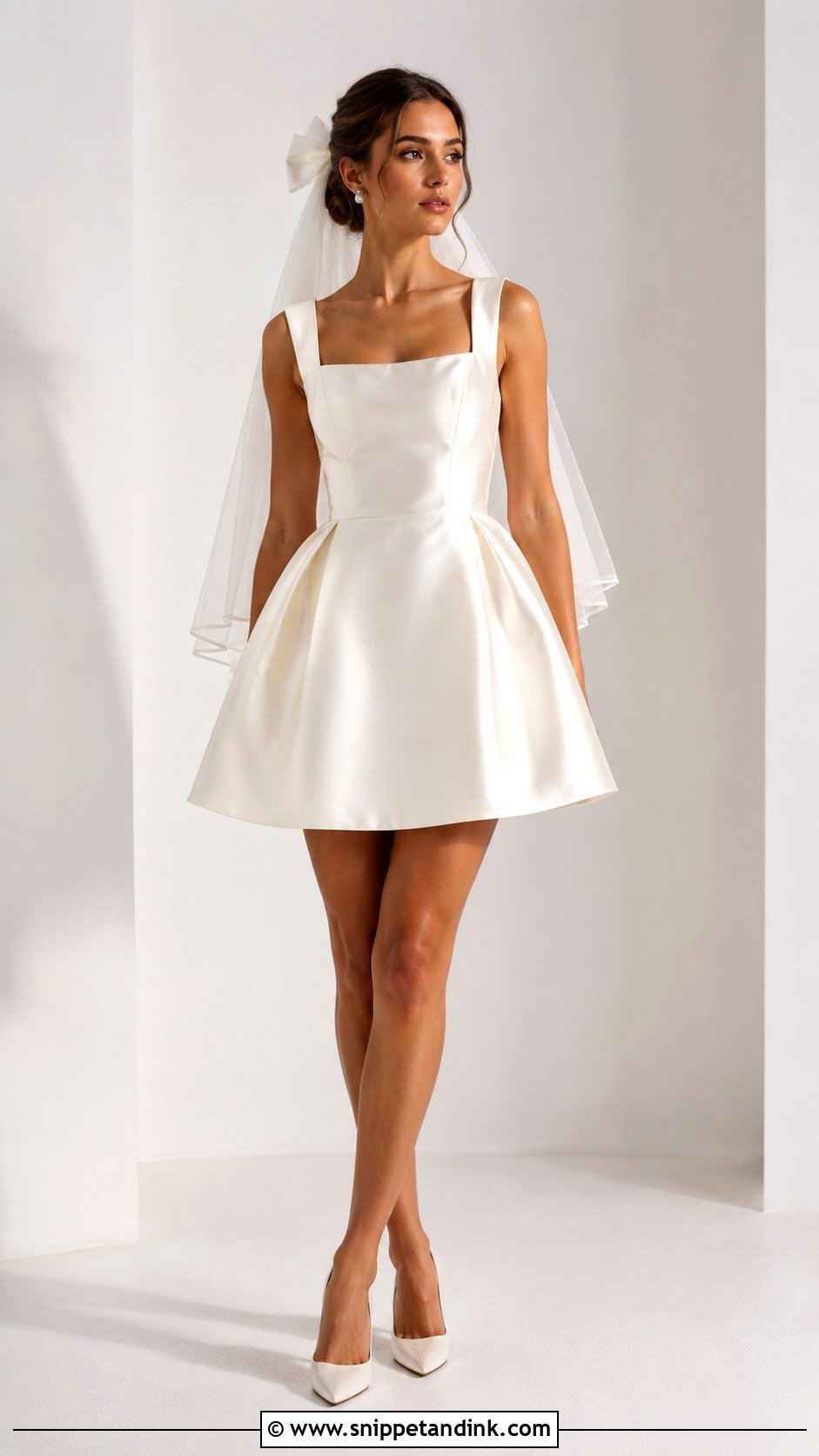 Short Satin Wedding Dress With Bow Veil - Snippet and Ink - 25 Short Vintage Wedding Dress Ideas
