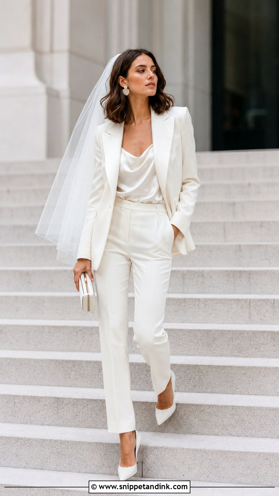 Short Silk Veil With Bridal Pantsuit - Snippet and Ink - 20 Silk Veil Ideas