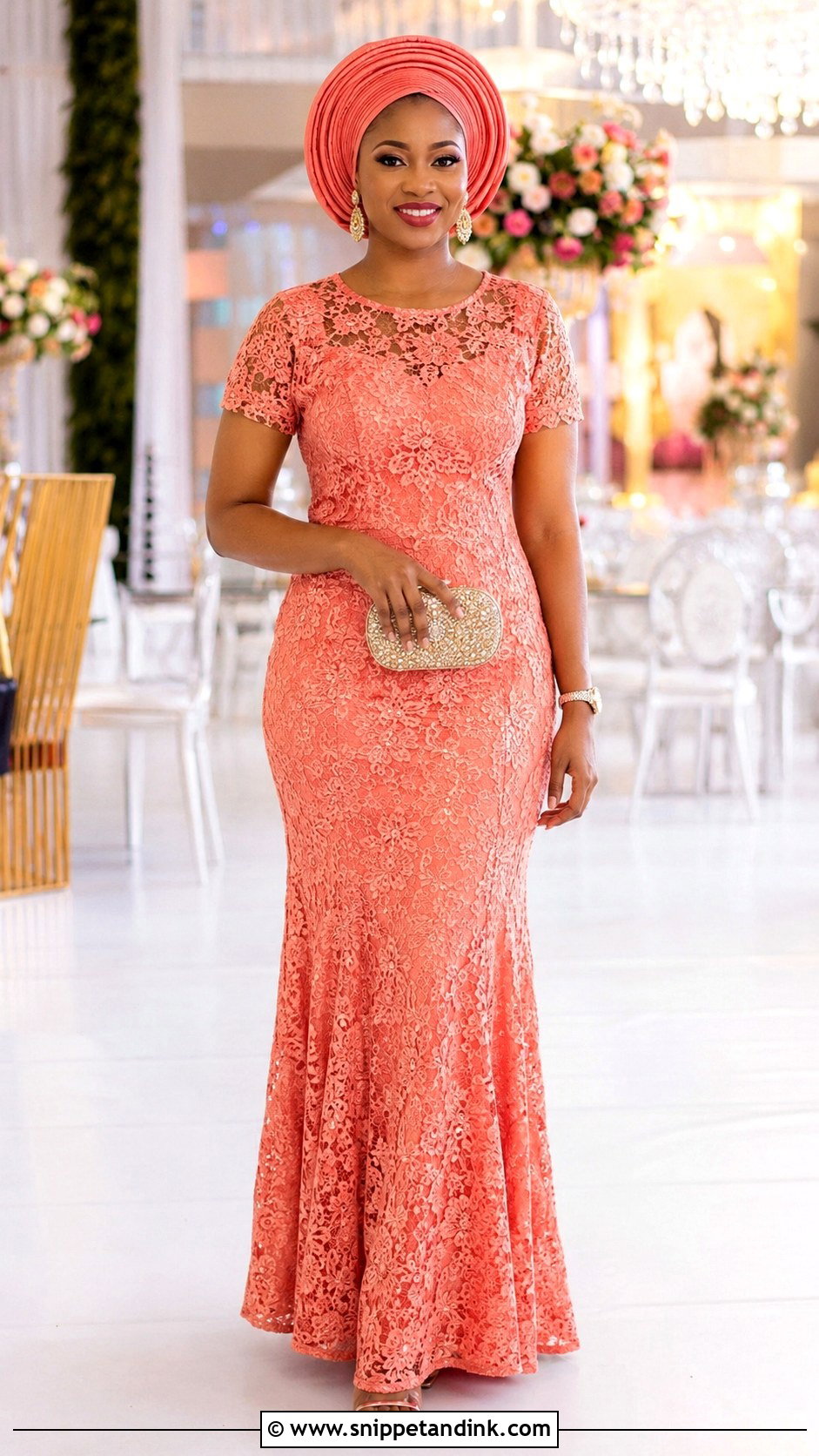 Short Sleeve Aso Ebi Lace Gown - Snippet and Ink - 25 Simple Aso Ebi Lace Gown Styles