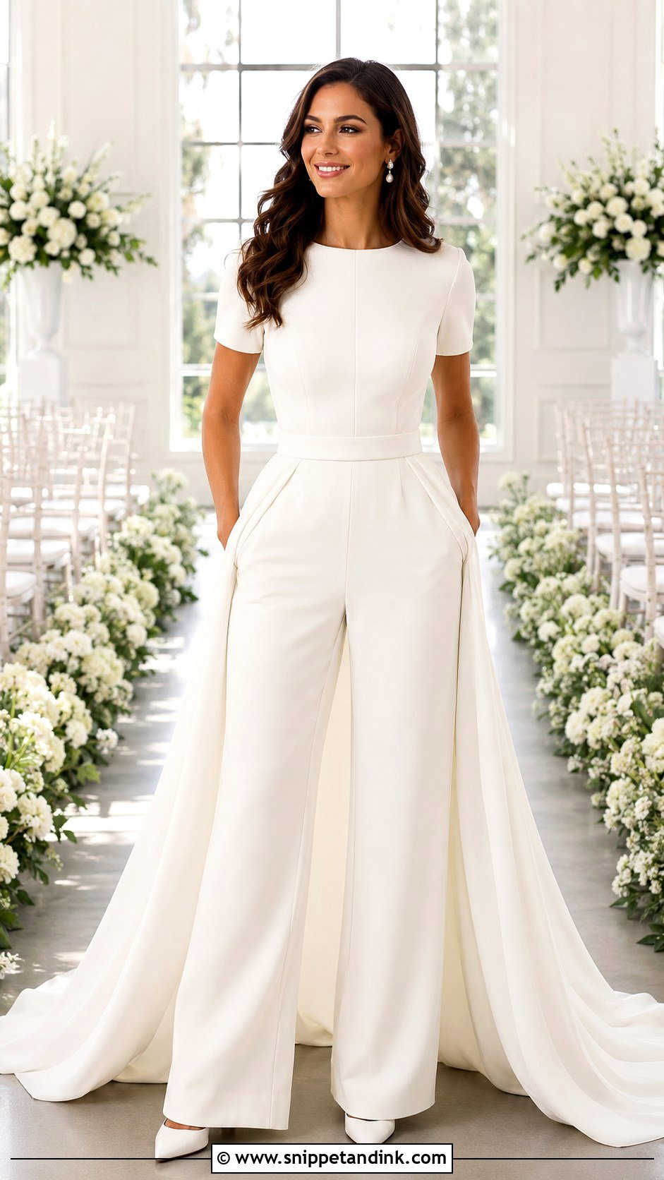 Short Sleeve Bridal Jumpsuit With Train - Snippet and Ink - 25 Bridal Jumpsuit with Train Ideas