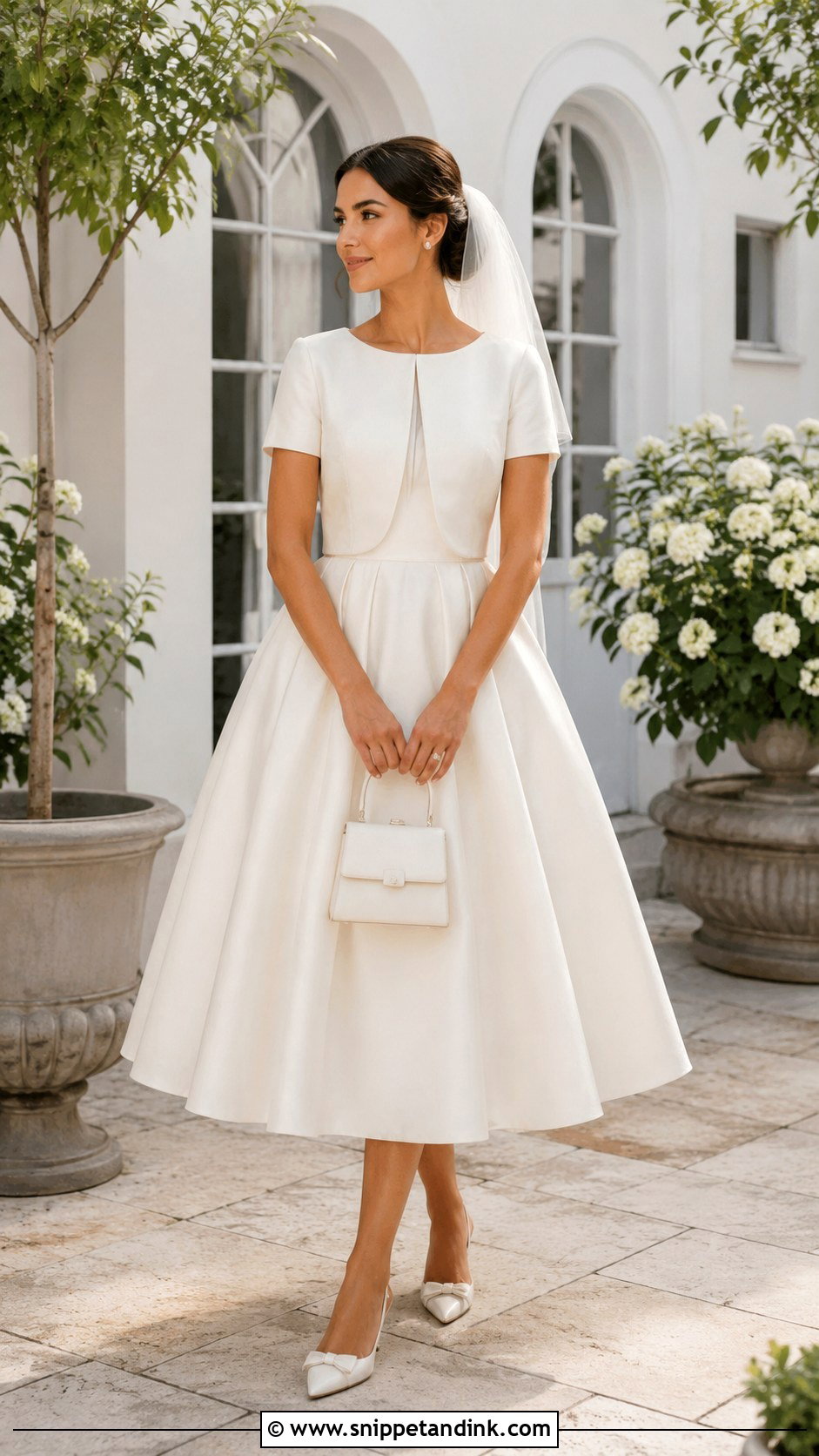 Short Sleeve Bridal Shrug With Tea Length Dress - Snippet and Ink - 20 Bridal Shrug Ideas