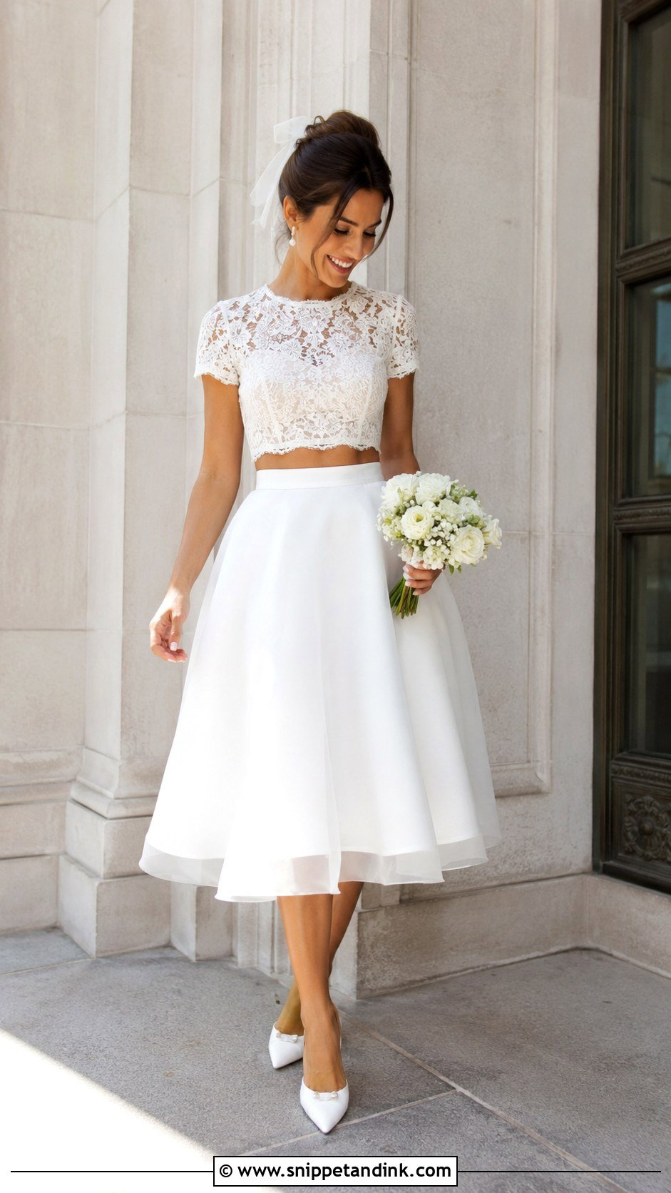 Short Sleeve Crop Top Wedding Dress With Tea Length Skirt - Snippet and Ink - 20 Crop Top Wedding Dress Ideas