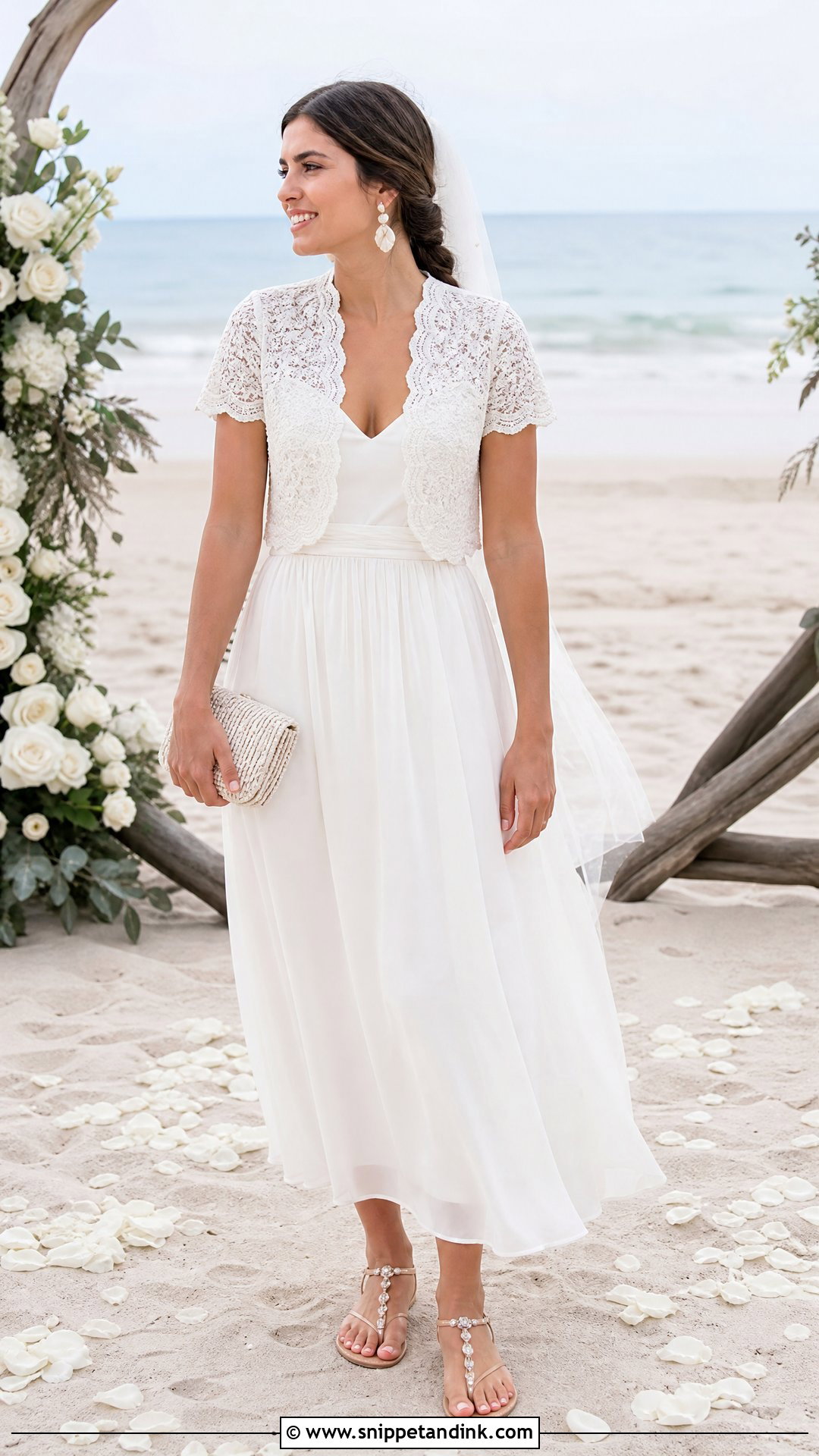 Short Sleeve Lace Bolero With Beach Wedding Dress - Snippet and Ink - 25 Lace Bolero Wedding Ideas