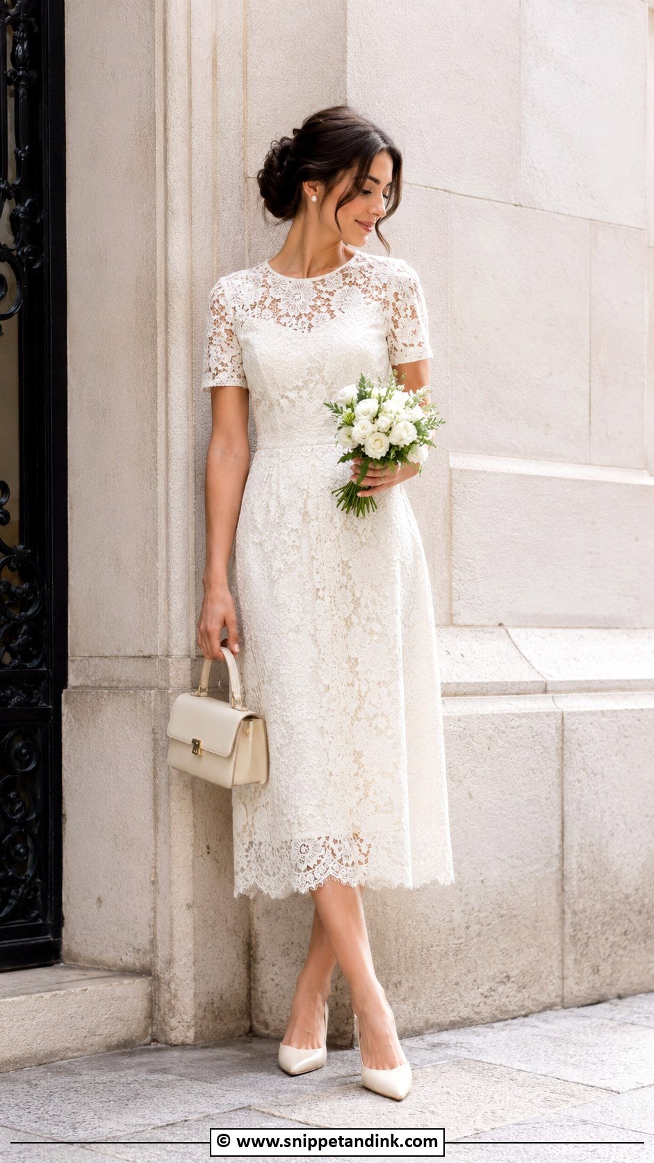 Short Sleeve Lace Midi Dress Outfit - Snippet and Ink - 30 Civil Marriage Dress Ideas