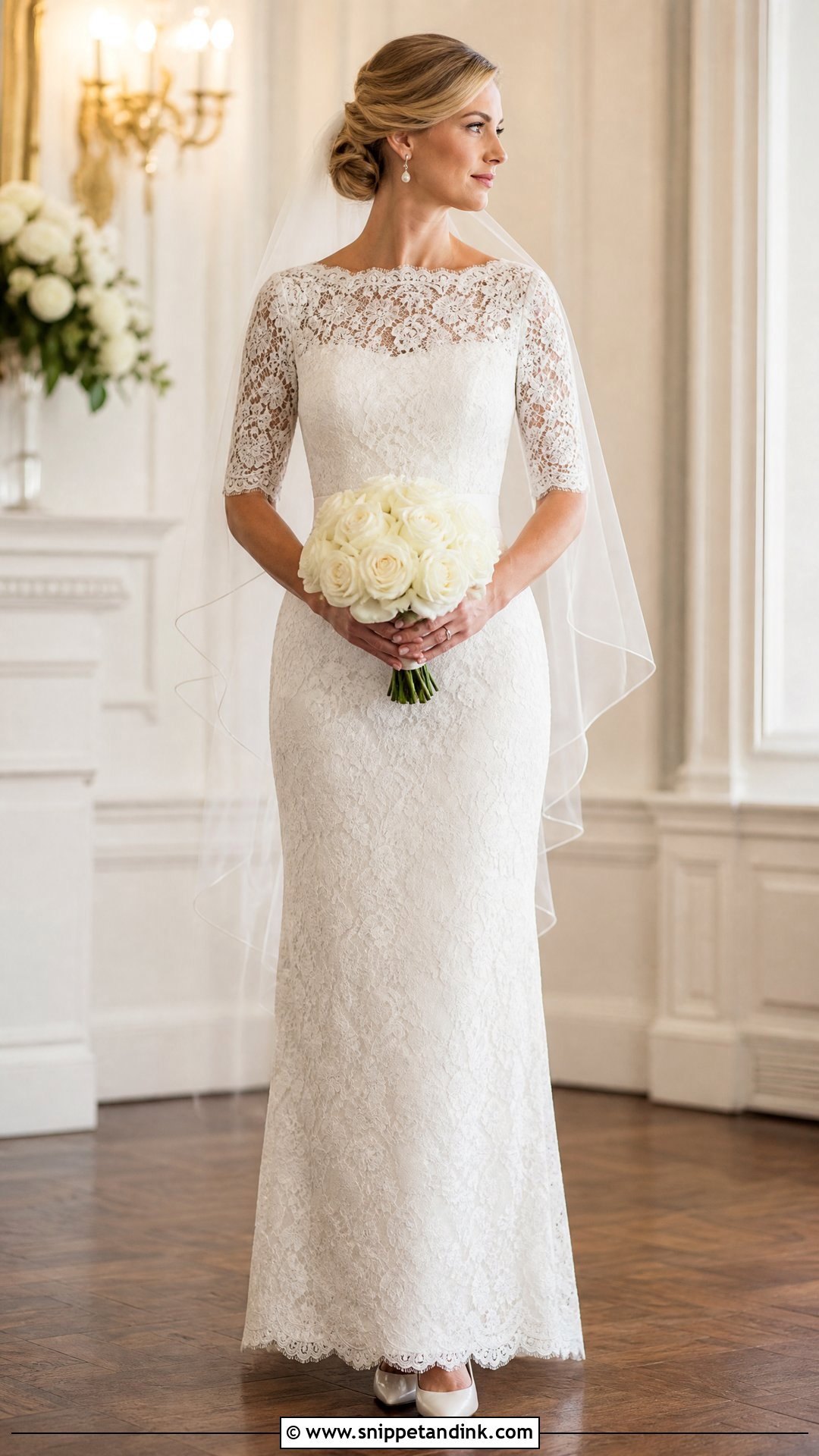 Short Sleeve Lace Sheath Wedding Gown - Snippet and Ink - 20 Sheath Wedding Gown Ideas