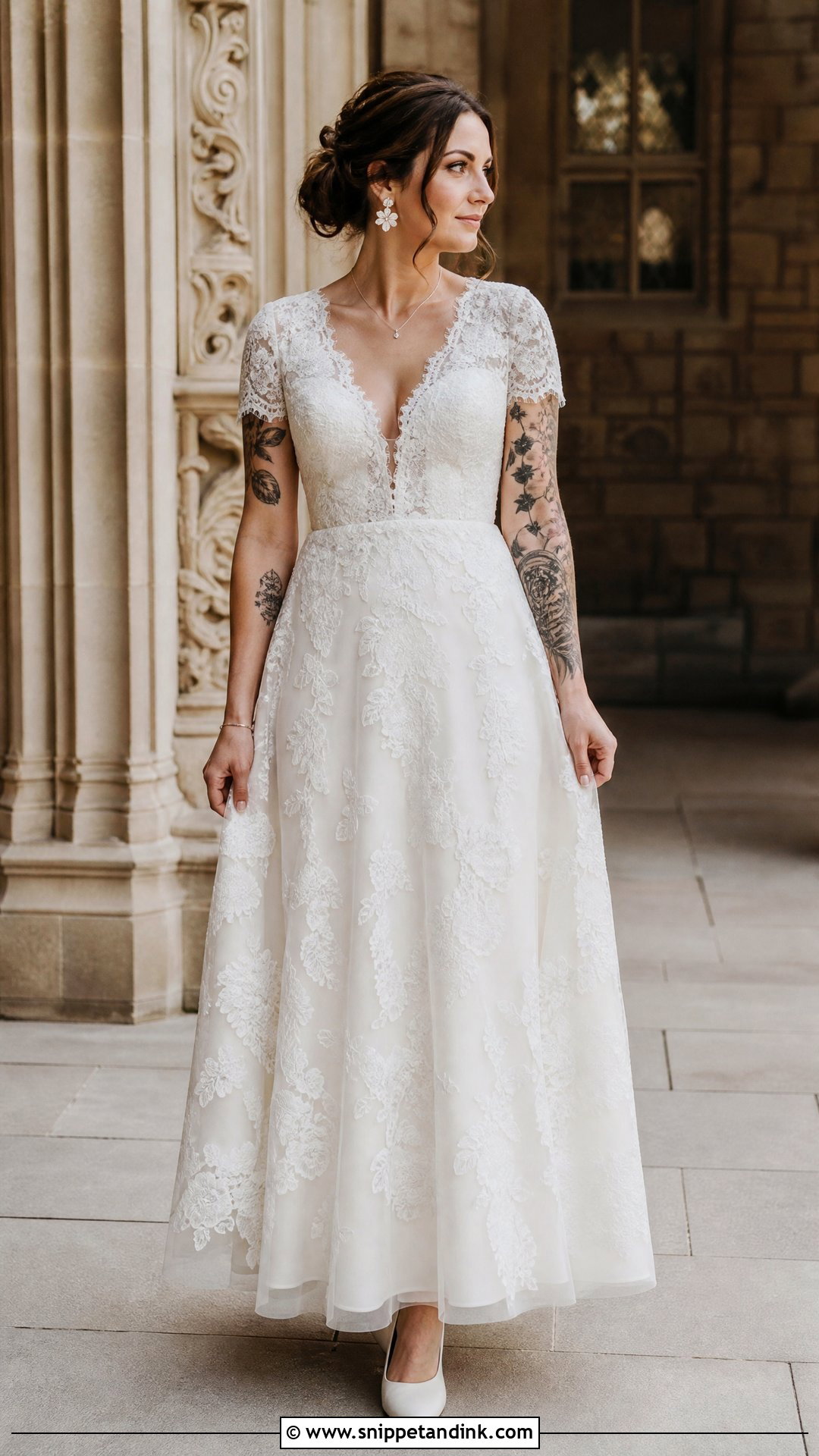 Short Sleeve Lace Tattoo Wedding Dress - Snippet and Ink - 20 Tattoos Wedding Dress Ideas