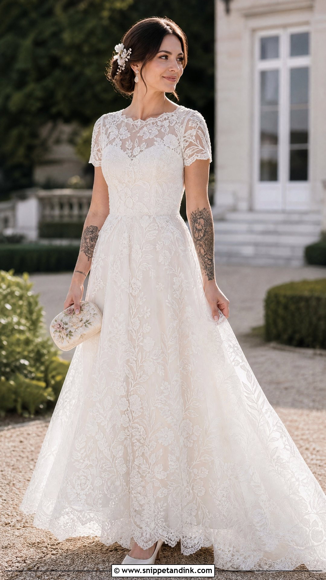 Short Sleeve Lace Wedding Dress With Tattoos - Snippet and Ink - 20 Wedding Dress with Tattoos Brides Ideas