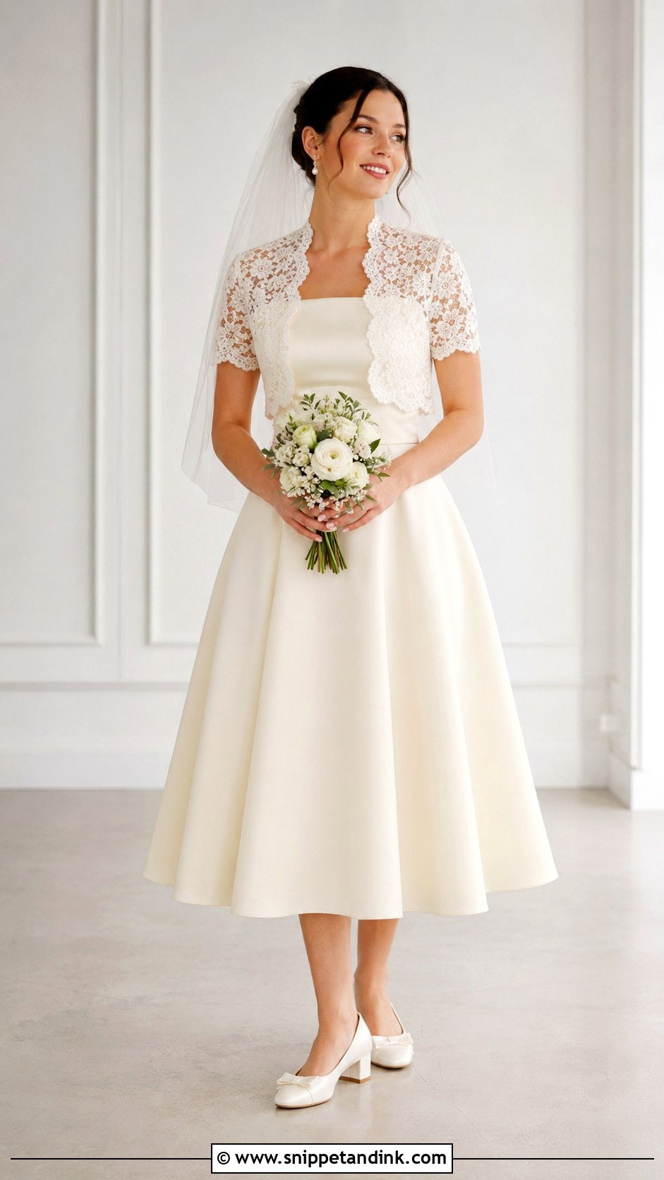 Short Sleeve Wedding Bolero With Tea Length Dress - Snippet and Ink - 25 Wedding Bolero Ideas