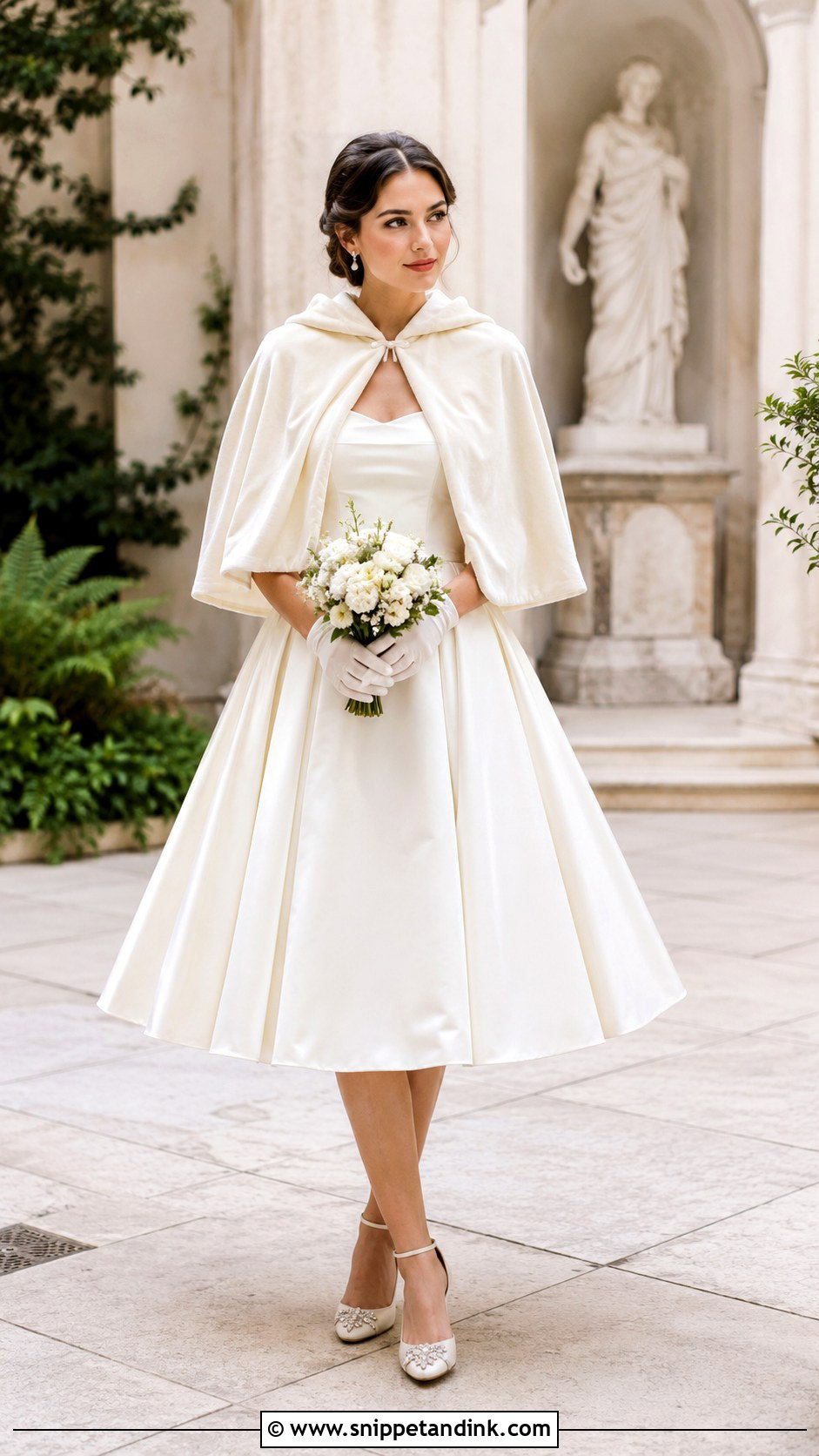 Short Velvet Hooded Wedding Cape With Tea Length Dress - Snippet and Ink - 20 Wedding Cape with Hood Ideas