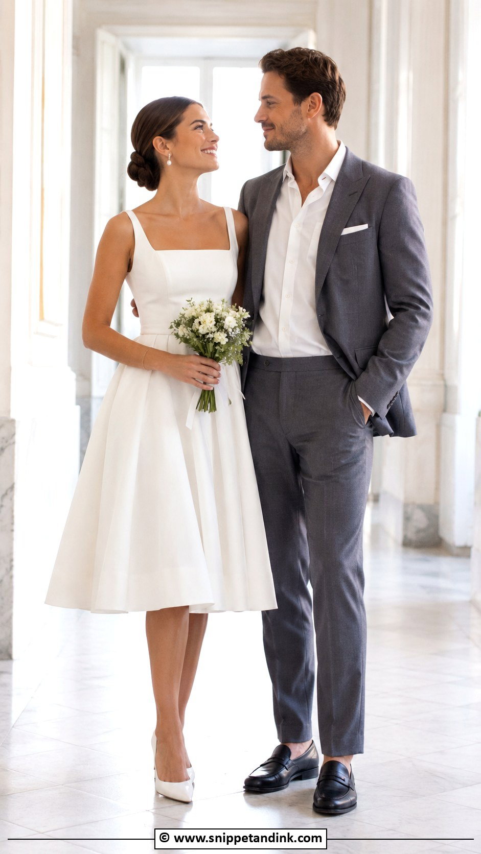 Short Wedding Dress And Casual Suit - Snippet and Ink - 30 Couple Wedding Dress Ideas